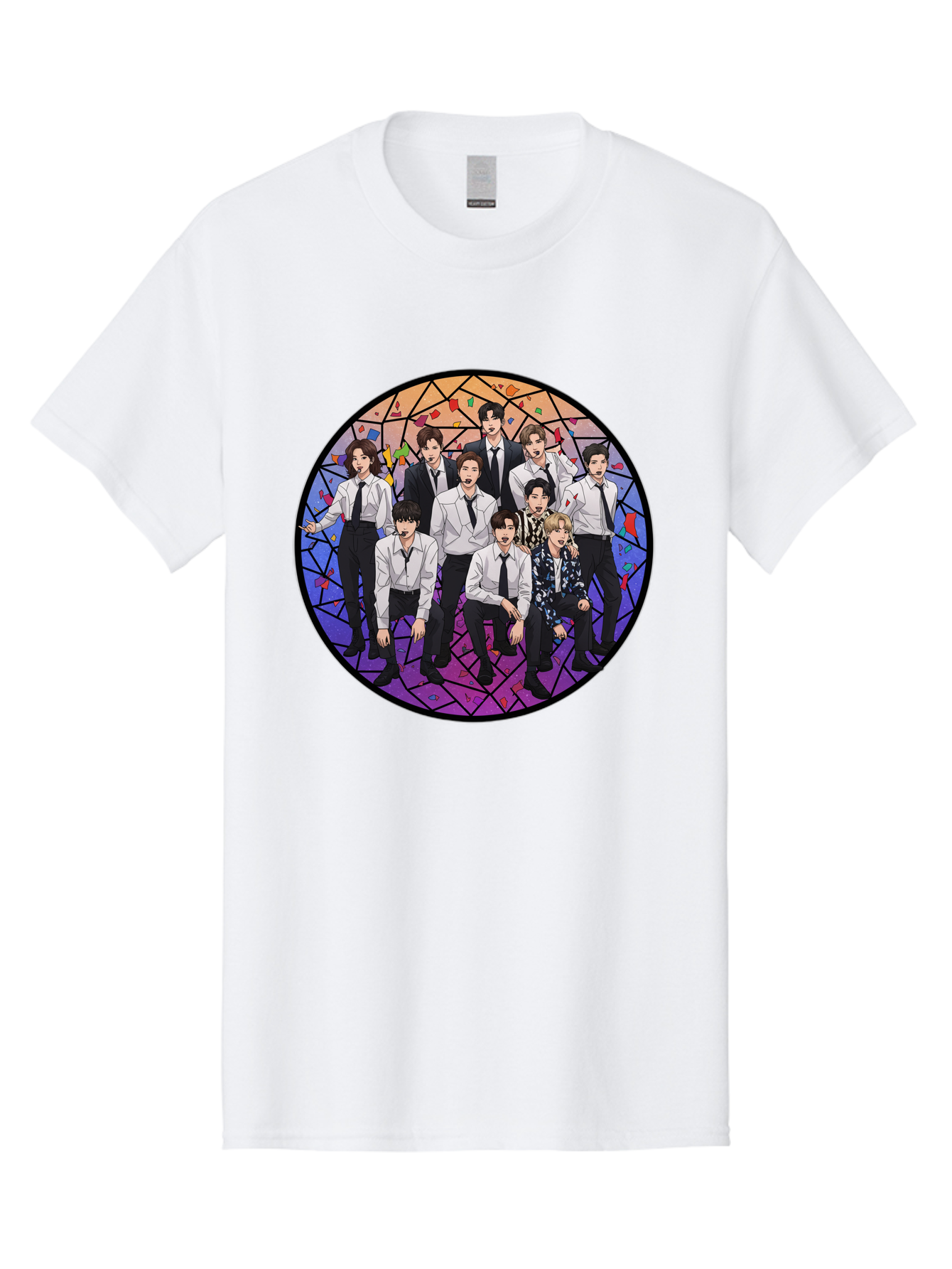 Bts-Group-Portrait Men'S Graphic Tee, 100% Cotton, Comfortable Casual Summer Wear, Machine Washable, K-Pop Group, Bts Members, Stained Glass Art, Formal Attire, White Shirts, Black Ties, K-Pop Fashion, Group Portrait, Colorful Background, Bab697