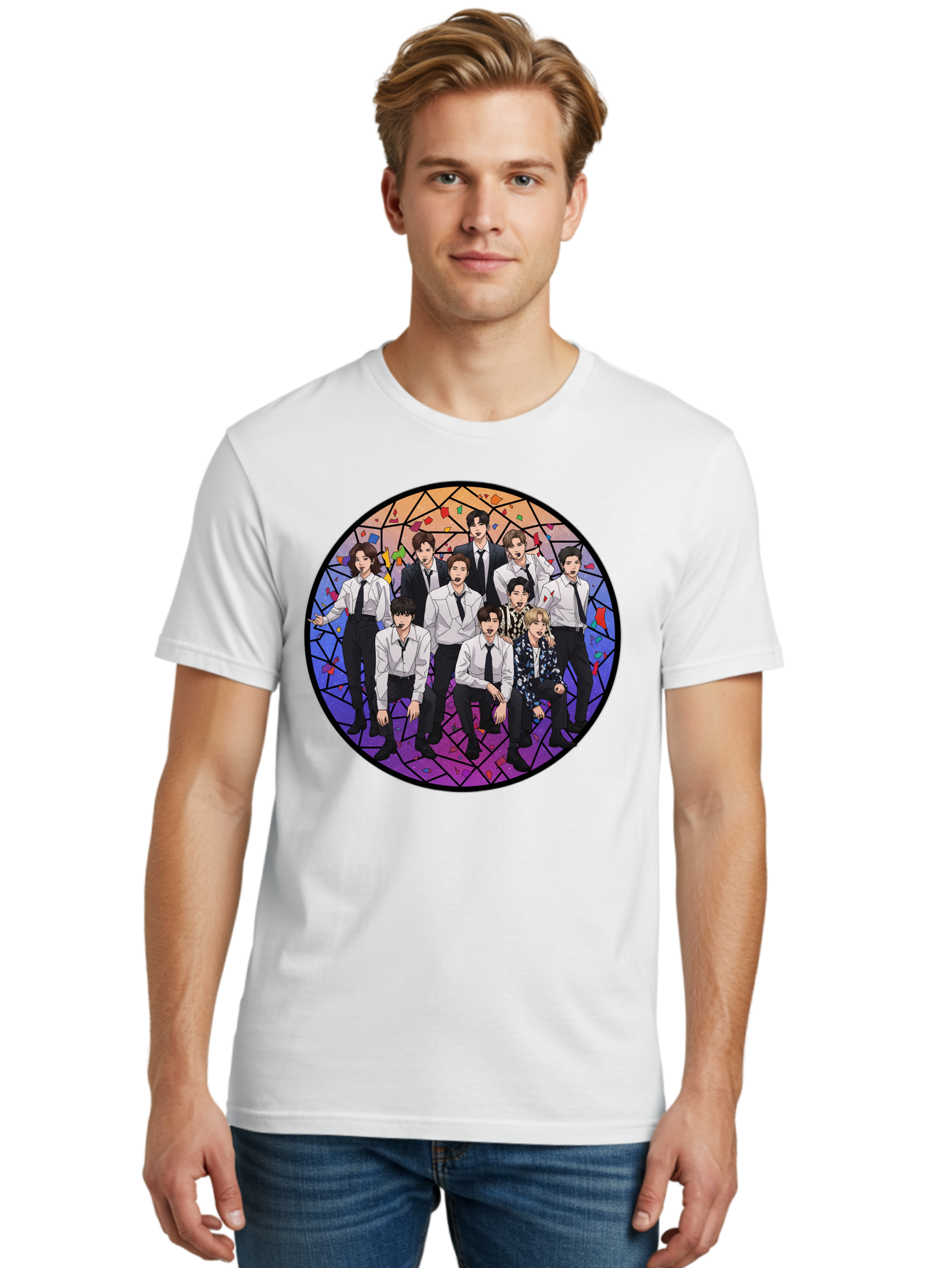 Bts-Group-Portrait Men'S Graphic Tee, 100% Cotton, Comfortable Casual Summer Wear, Machine Washable, K-Pop Group, Bts Members, Stained Glass Art, Formal Attire, White Shirts, Black Ties, K-Pop Fashion, Group Portrait, Colorful Background, Bab697