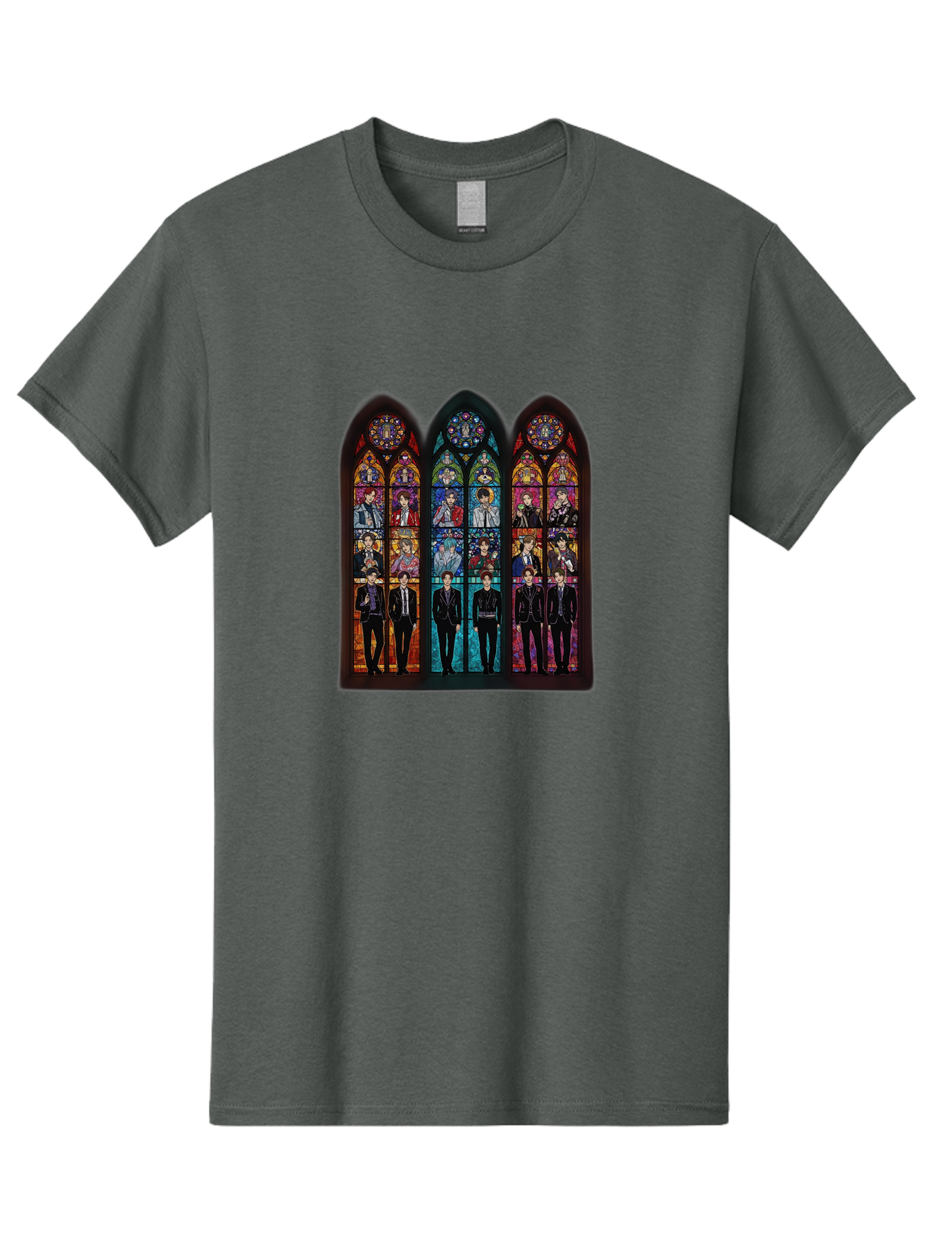 Bts-Stained-Glass Men'S Graphic Tee, 100% Cotton, Comfortable Casual Summer Wear, Machine Washable, Bts Members In Stained Glass, Vibrant Colors, Gothic Architecture, Religious Art, K-Pop, Boy Band, Stained Glass Window, Colorful Illustration, Bab698