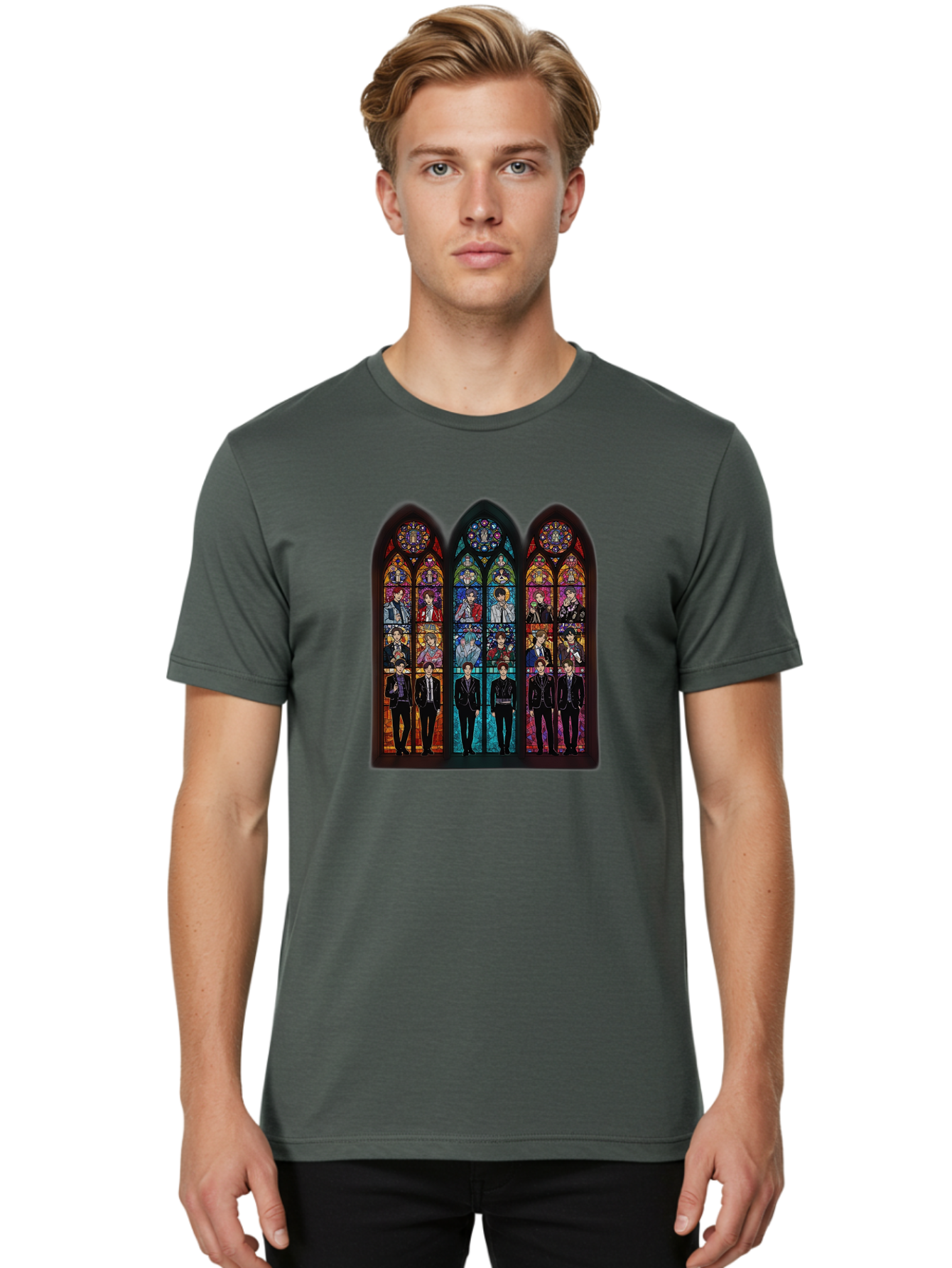 Bts-Stained-Glass Men'S Graphic Tee, 100% Cotton, Comfortable Casual Summer Wear, Machine Washable, Bts Members In Stained Glass, Vibrant Colors, Gothic Architecture, Religious Art, K-Pop, Boy Band, Stained Glass Window, Colorful Illustration, Bab698