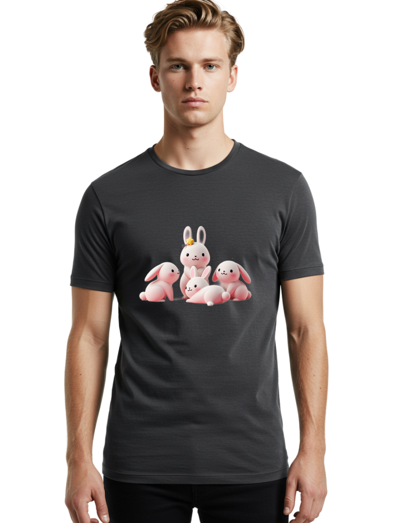 Bunnies Men'S Graphic Tee, 100% Cotton, Comfortable Casual Summer Wear, Machine Washable, Pink Bunnies, Cute Cartoon Rabbits, Adorable Creatures, Playful Animals, Smiling Faces, Rabbit Family, Pastel Colors, Easter Theme Bab699