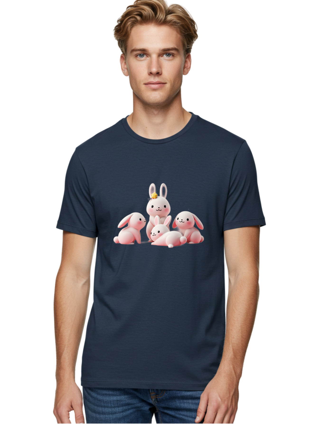 Bunnies Men'S Graphic Tee, 100% Cotton, Comfortable Casual Summer Wear, Machine Washable, Pink Bunnies, Cute Cartoon Rabbits, Adorable Creatures, Playful Animals, Smiling Faces, Rabbit Family, Pastel Colors, Easter Theme Bab699