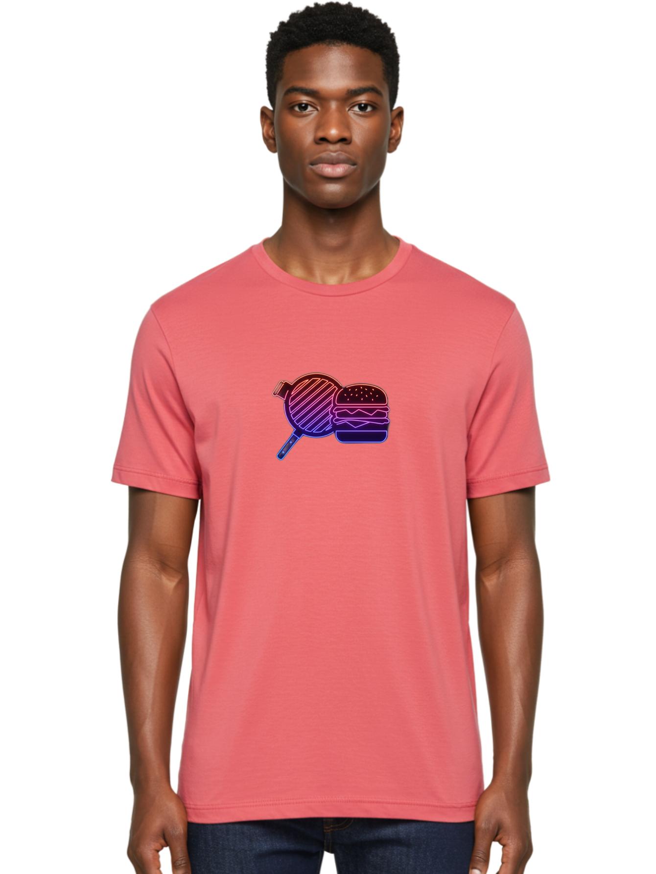 Burger-And-Spatula Men'S Graphic Tee, 100% Cotton, Comfortable Casual Summer Wear, Machine Washable, Hamburger, Grilled Food, Fast Food, Neon Sign, Purple Gradient, Burger Illustration, Cooking Utensil, Spatula Bab700