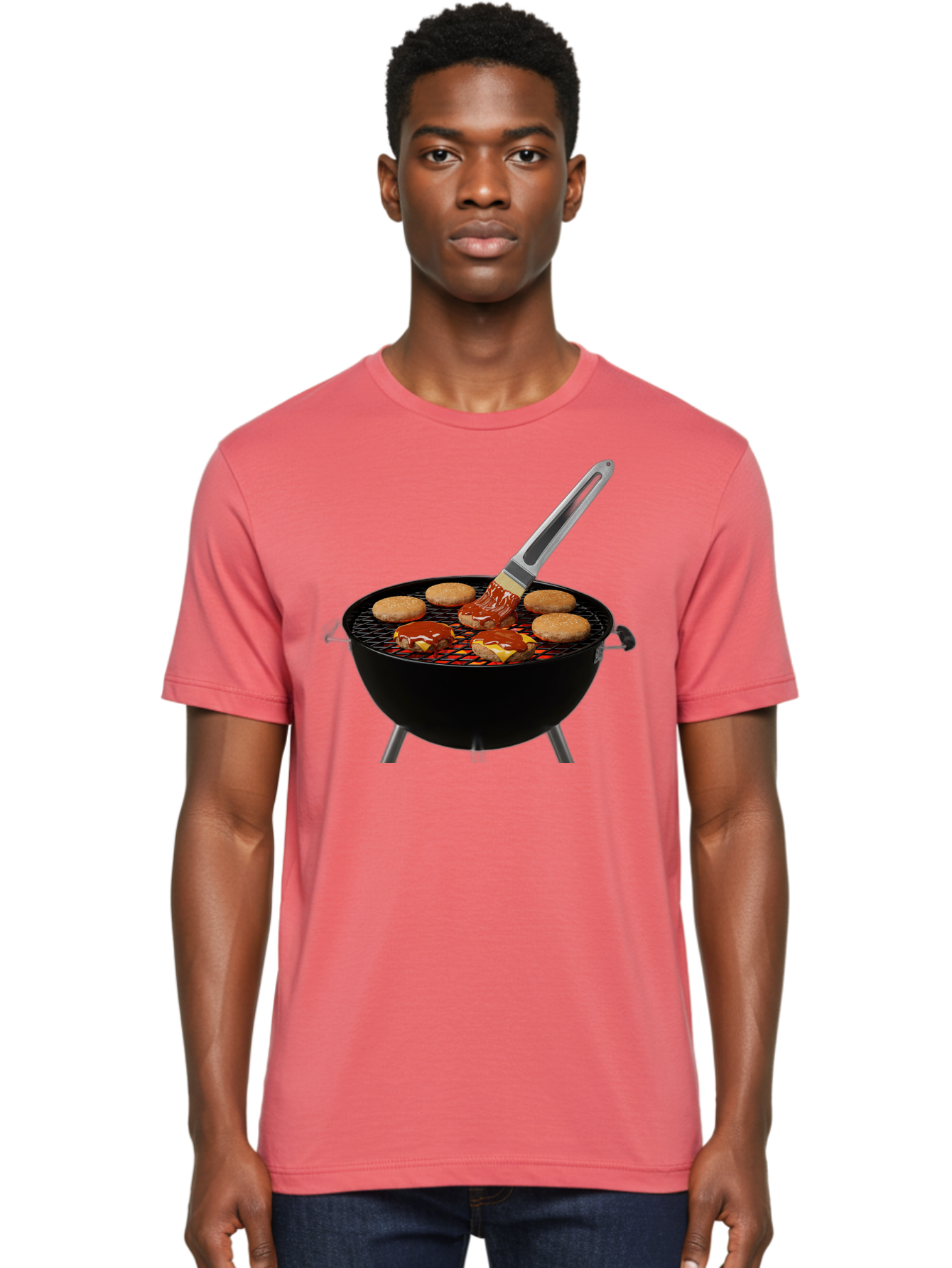 Burger-On-Grill Men'S Graphic Tee, 100% Cotton, Comfortable Casual Summer Wear, Machine Washable, Grilled Burgers, Bbq Sauce, Barbecue Brush, Outdoor Cooking, Grill Marks, Gourmet Burgers, Delicious Food, Appetizing Meal, Summer Grilling Bab701