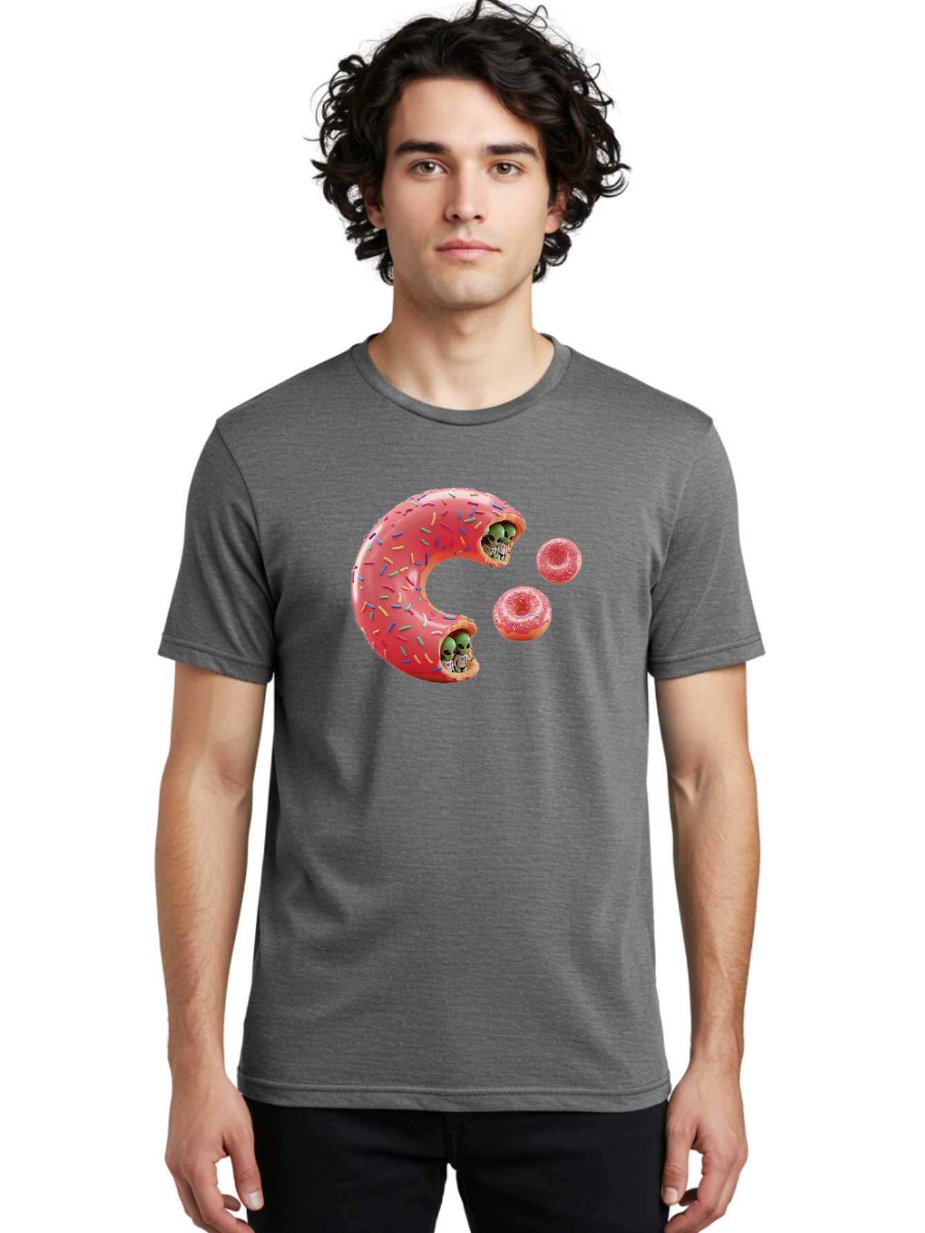 C-Donut Men'S Graphic Tee, 100% Cotton, Comfortable Casual Summer Wear, Machine Washable, Pink Frosted Donuts, Donut Holes With Aliens, 3D Rendered Donuts, Sprinkles On Donuts, Cute Donut Art, Alien Heads In Donuts, Surreal Dessert, Bab702