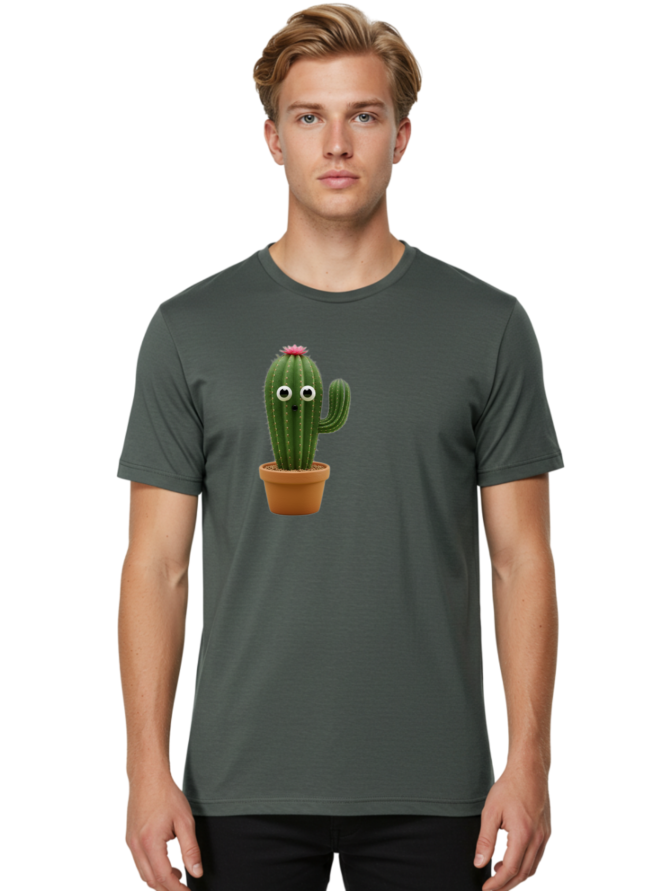 Cactus-With-Eyes Men'S Graphic Tee, 100% Cotton, Comfortable Casual Summer Wear, Machine Washable, Cute Cactus, Cartoon Character, Funny Face, Googley Eyes, Potted Plant, Succulent, Quirky Decor, Whimsical Design, Indoor Plants, Kawaii Bab703