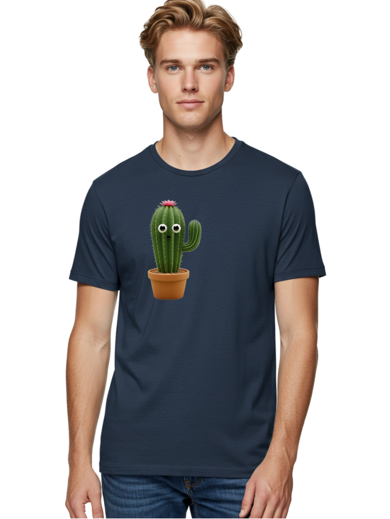 Cactus-With-Eyes Men'S Graphic Tee, 100% Cotton, Comfortable Casual Summer Wear, Machine Washable, Cute Cactus, Cartoon Character, Funny Face, Googley Eyes, Potted Plant, Succulent, Quirky Decor, Whimsical Design, Indoor Plants, Kawaii Bab703