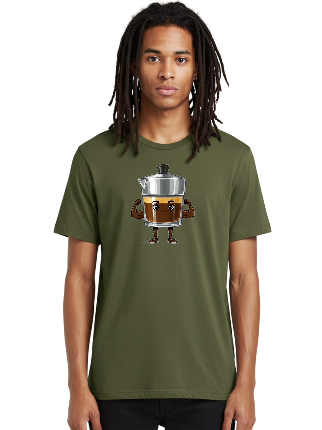 Cafe-Coffee Men'S Graphic Tee, 100% Cotton, Comfortable Casual Summer Wear, Machine Washable, Coffee Maker Character, Brown Coffee, Funny Face, Flexing Arms, Strong Muscles, Cute Cartoon, Coffee Lover, Morning Pick-Me-Up, Daily Grind Bab704
