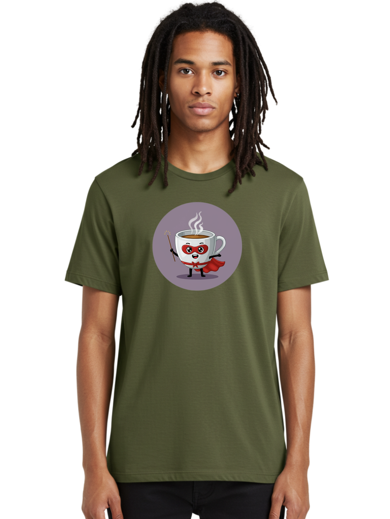 Cafe-Hero Men'S Graphic Tee, 100% Cotton, Comfortable Casual Summer Wear, Machine Washable, Cartoon Coffee Cup, Superhero Theme, Red Mask, Red Cape, Magical Wand, Steaming Hot Coffee, Funny Character, Animated Beverage Bab706