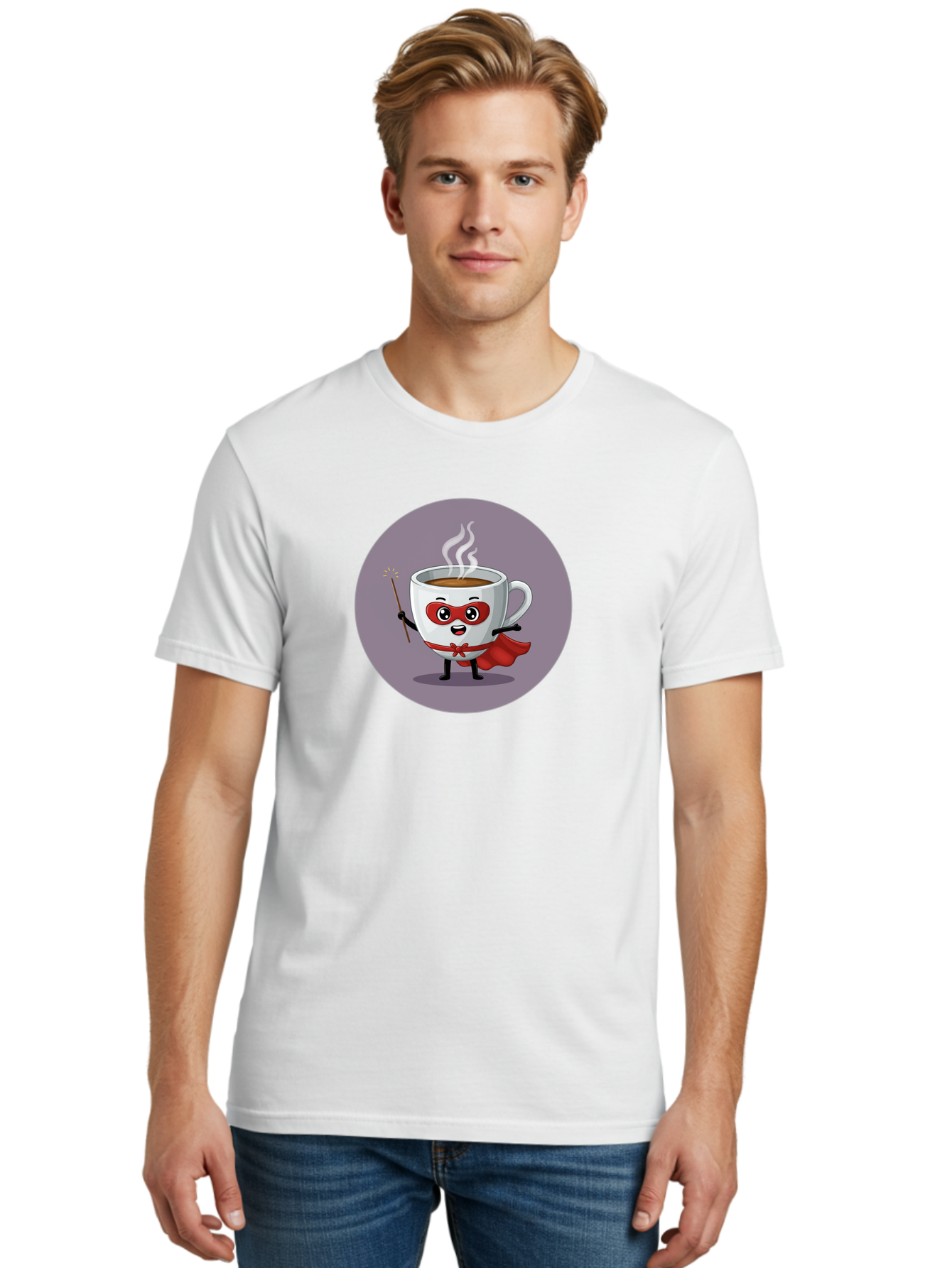 Cafe-Hero Men'S Graphic Tee, 100% Cotton, Comfortable Casual Summer Wear, Machine Washable, Cartoon Coffee Cup, Superhero Theme, Red Mask, Red Cape, Magical Wand, Steaming Hot Coffee, Funny Character, Animated Beverage Bab706