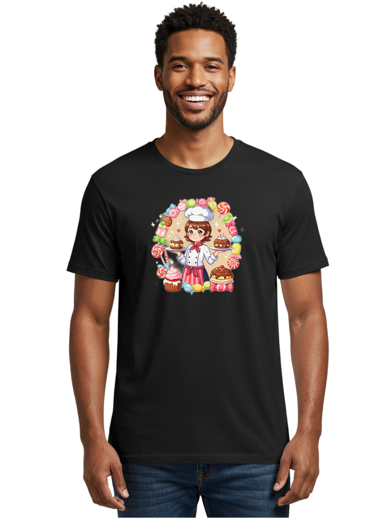 Candy-Baker Men'S Graphic Tee, 100% Cotton, Comfortable Casual Summer Wear, Machine Washable, Cartoon Chef, Cute Baker, Sweet Treats, Desserts, Cupcakes, Cakes, Candy, Lollipops, Pastry Chef, Baked Goods, Confectionery Bab707
