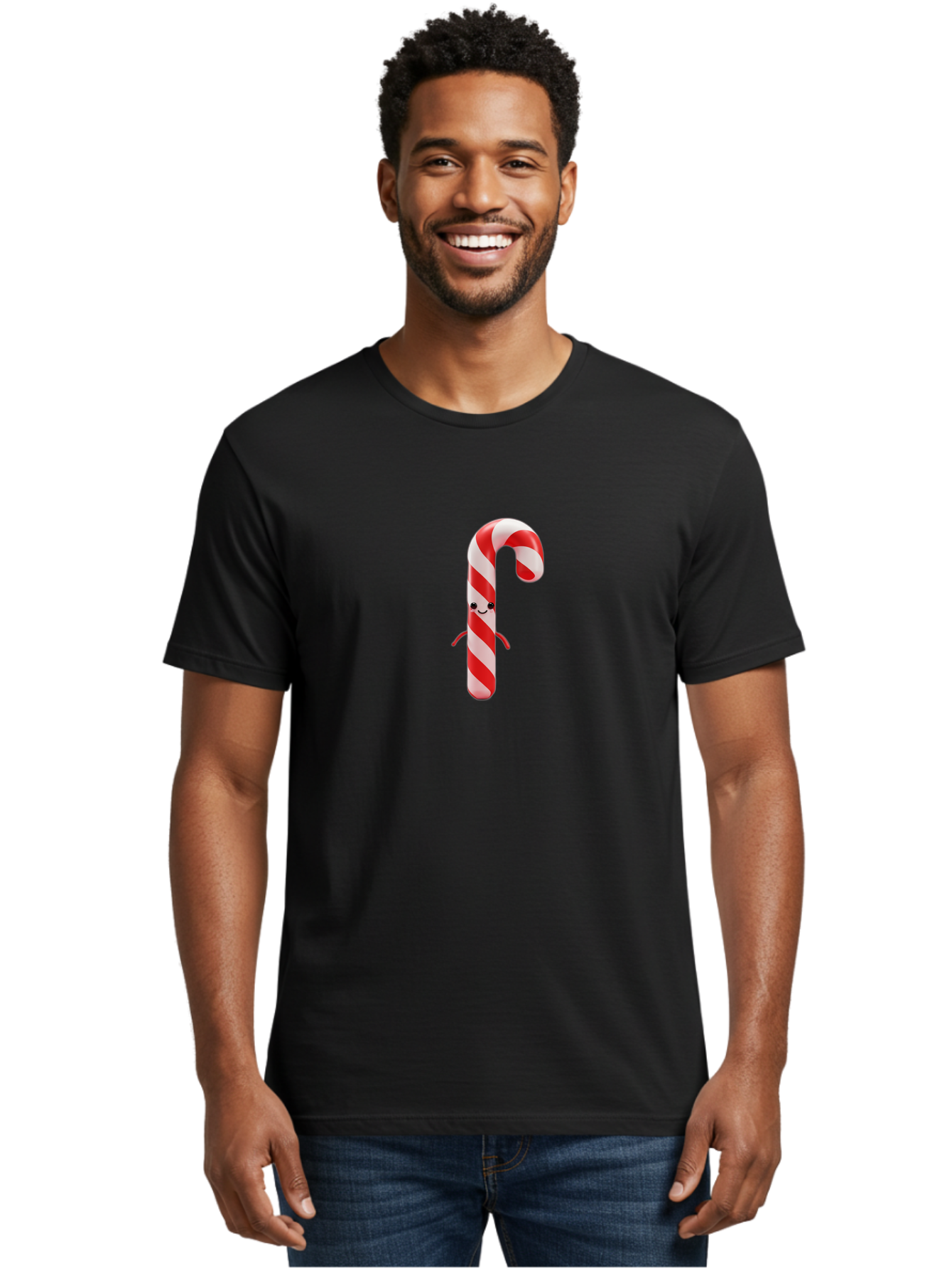 Candy-Cane-Character Men'S Graphic Tee, 100% Cotton, Comfortable Casual Summer Wear, Machine Washable, Red And White Candy Cane, Cartoon Character, Festive Holiday Treat, Sweet Indulgence, Cheerful Smile, Adorable Arms, Christmas Delight Bab708
