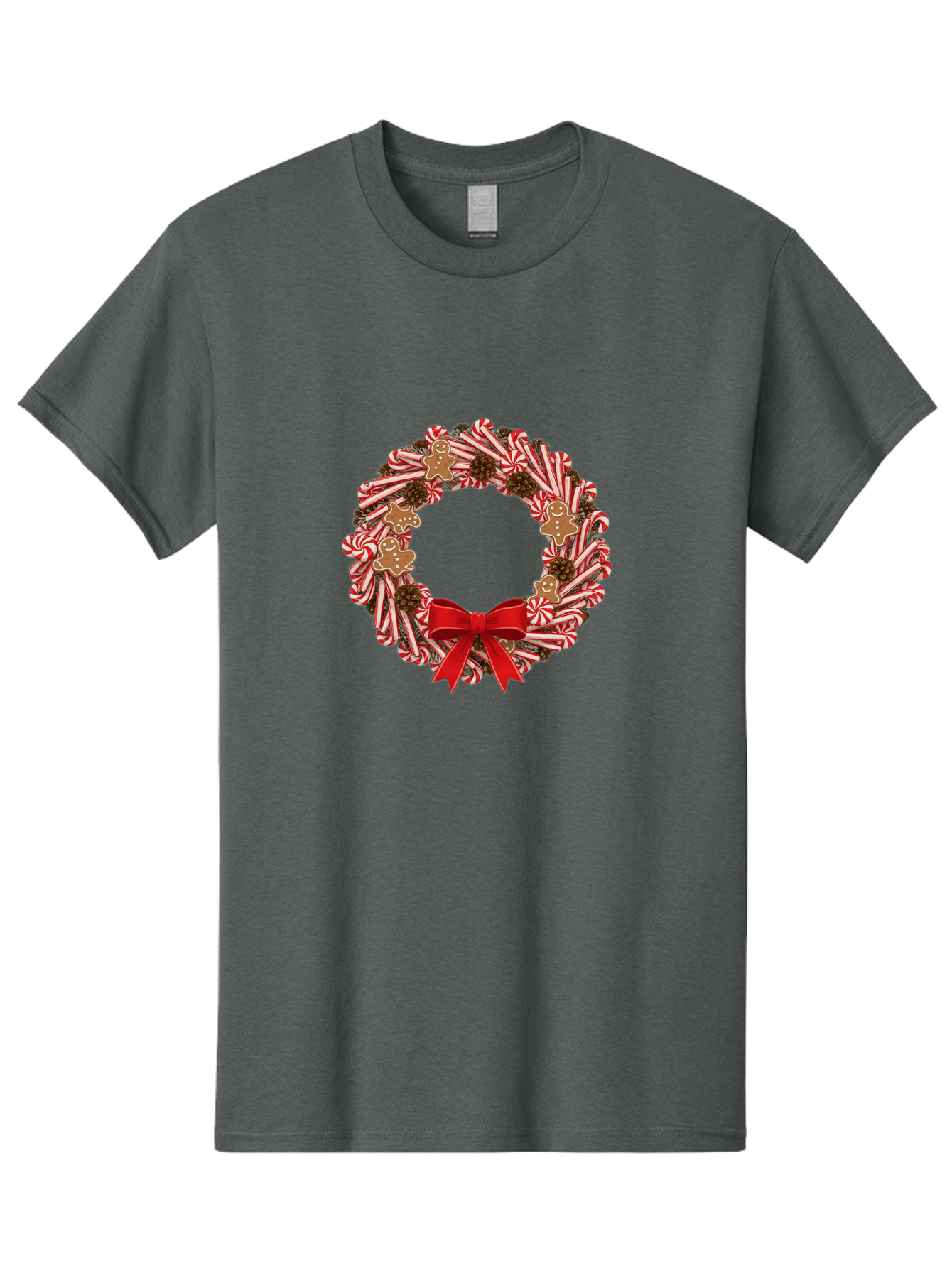 Candy-Cane-Wreath Men'S Graphic Tee, 100% Cotton, Comfortable Casual Summer Wear, Machine Washable, Candy Cane Wreath, Christmas Decoration, Holiday Decor, Red And White Striped Candy Canes, Gingerbread Men, Festive Atmosphere, Bab709