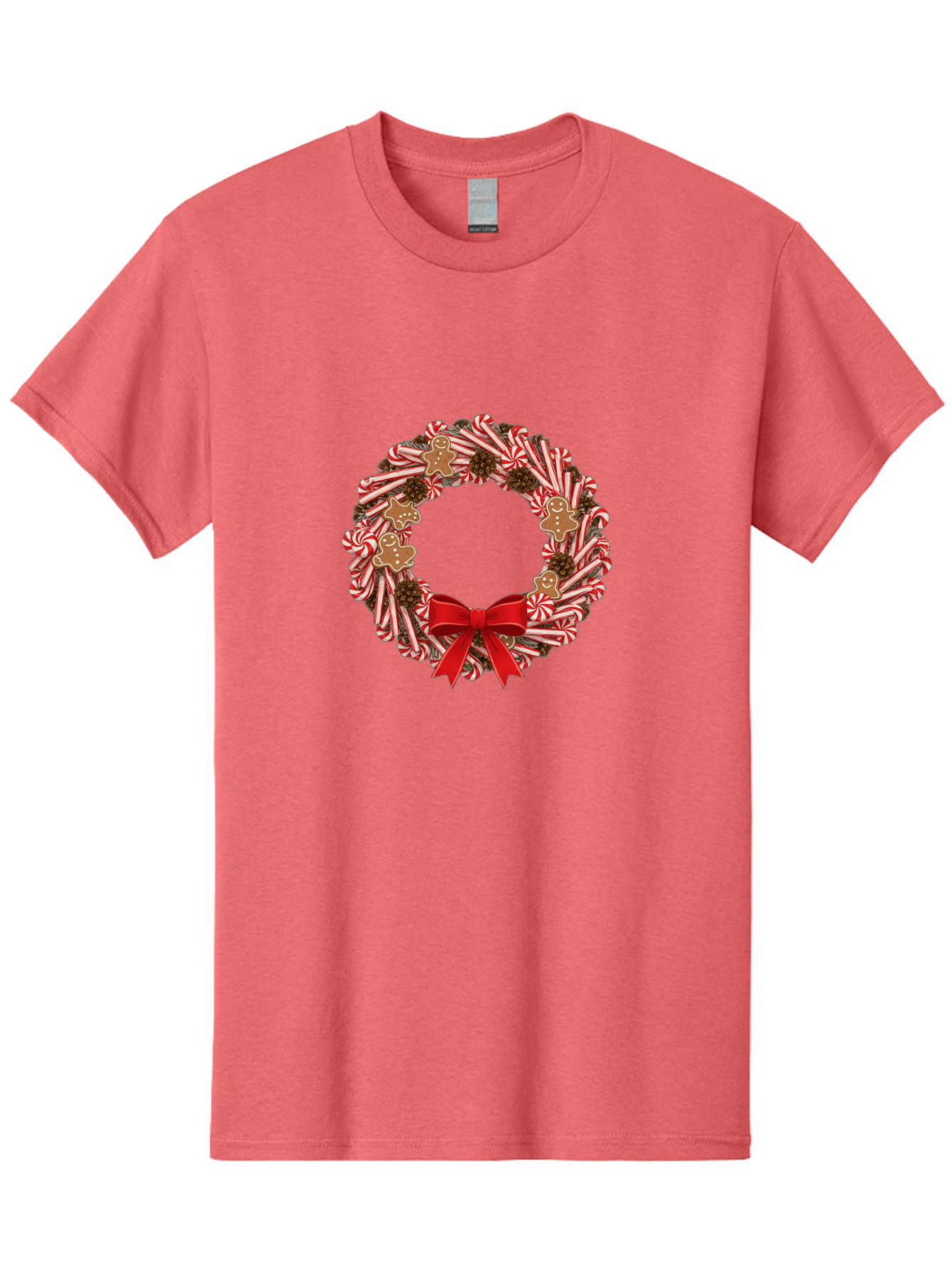 Candy-Cane-Wreath Men'S Graphic Tee, 100% Cotton, Comfortable Casual Summer Wear, Machine Washable, Candy Cane Wreath, Christmas Decoration, Holiday Decor, Red And White Striped Candy Canes, Gingerbread Men, Festive Atmosphere, Bab709