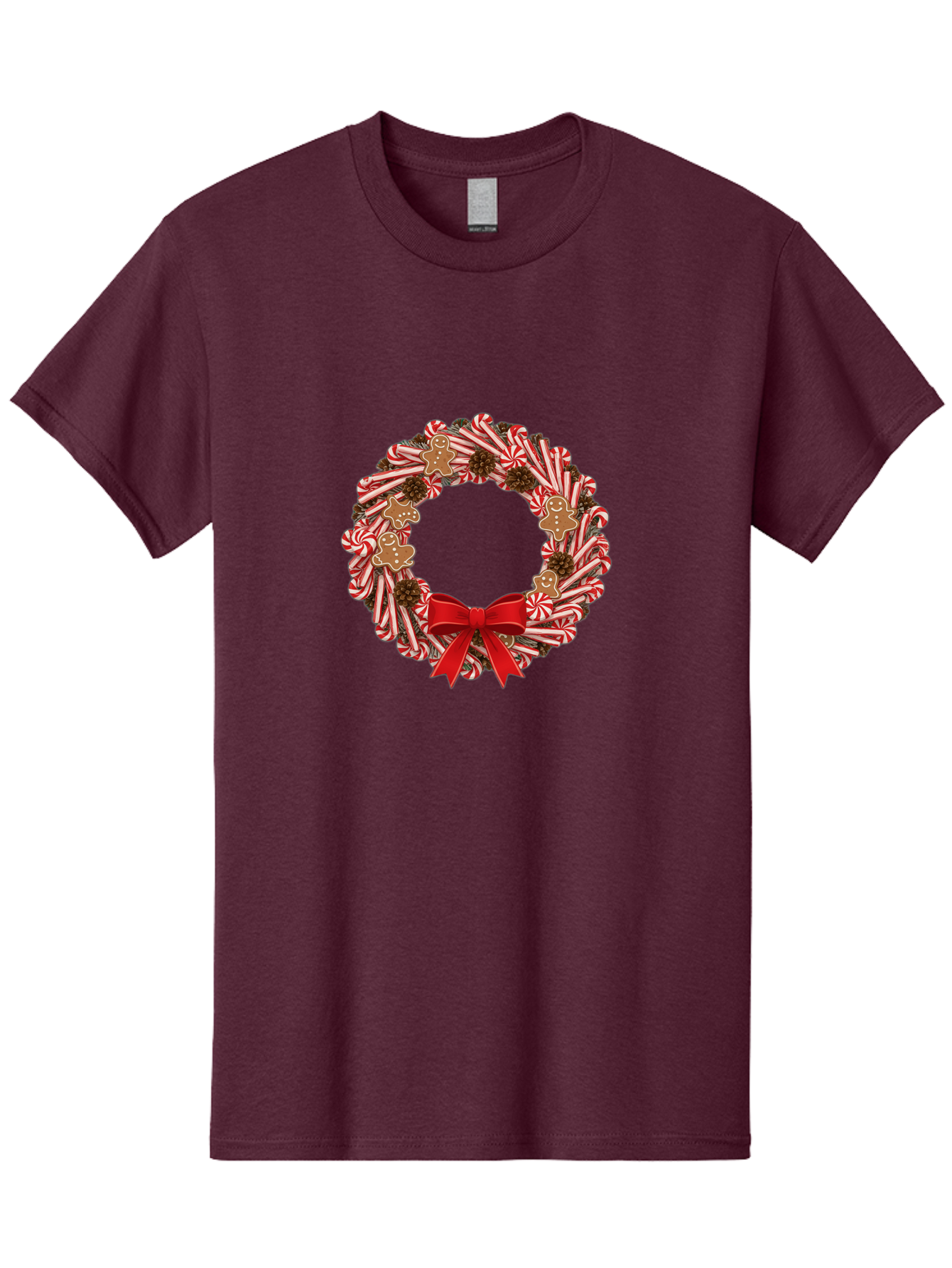 Candy-Cane-Wreath Men'S Graphic Tee, 100% Cotton, Comfortable Casual Summer Wear, Machine Washable, Candy Cane Wreath, Christmas Decoration, Holiday Decor, Red And White Striped Candy Canes, Gingerbread Men, Festive Atmosphere, Bab709