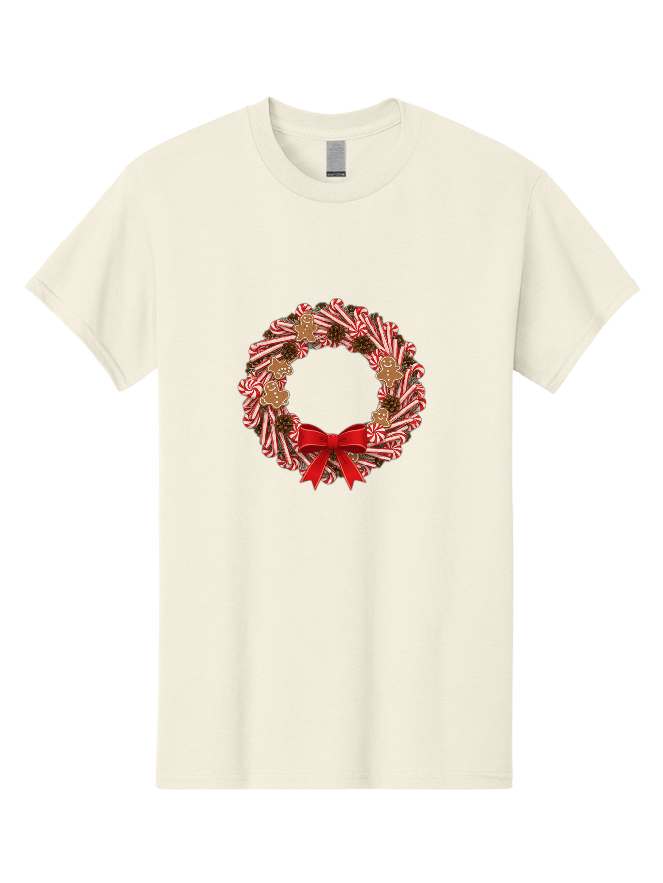 Candy-Cane-Wreath Men'S Graphic Tee, 100% Cotton, Comfortable Casual Summer Wear, Machine Washable, Candy Cane Wreath, Christmas Decoration, Holiday Decor, Red And White Striped Candy Canes, Gingerbread Men, Festive Atmosphere, Bab709