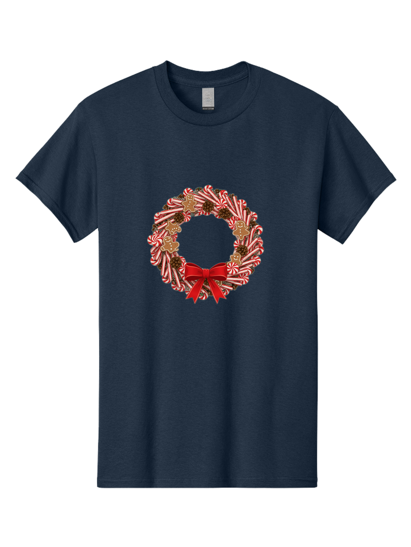 Candy-Cane-Wreath Men'S Graphic Tee, 100% Cotton, Comfortable Casual Summer Wear, Machine Washable, Candy Cane Wreath, Christmas Decoration, Holiday Decor, Red And White Striped Candy Canes, Gingerbread Men, Festive Atmosphere, Bab709