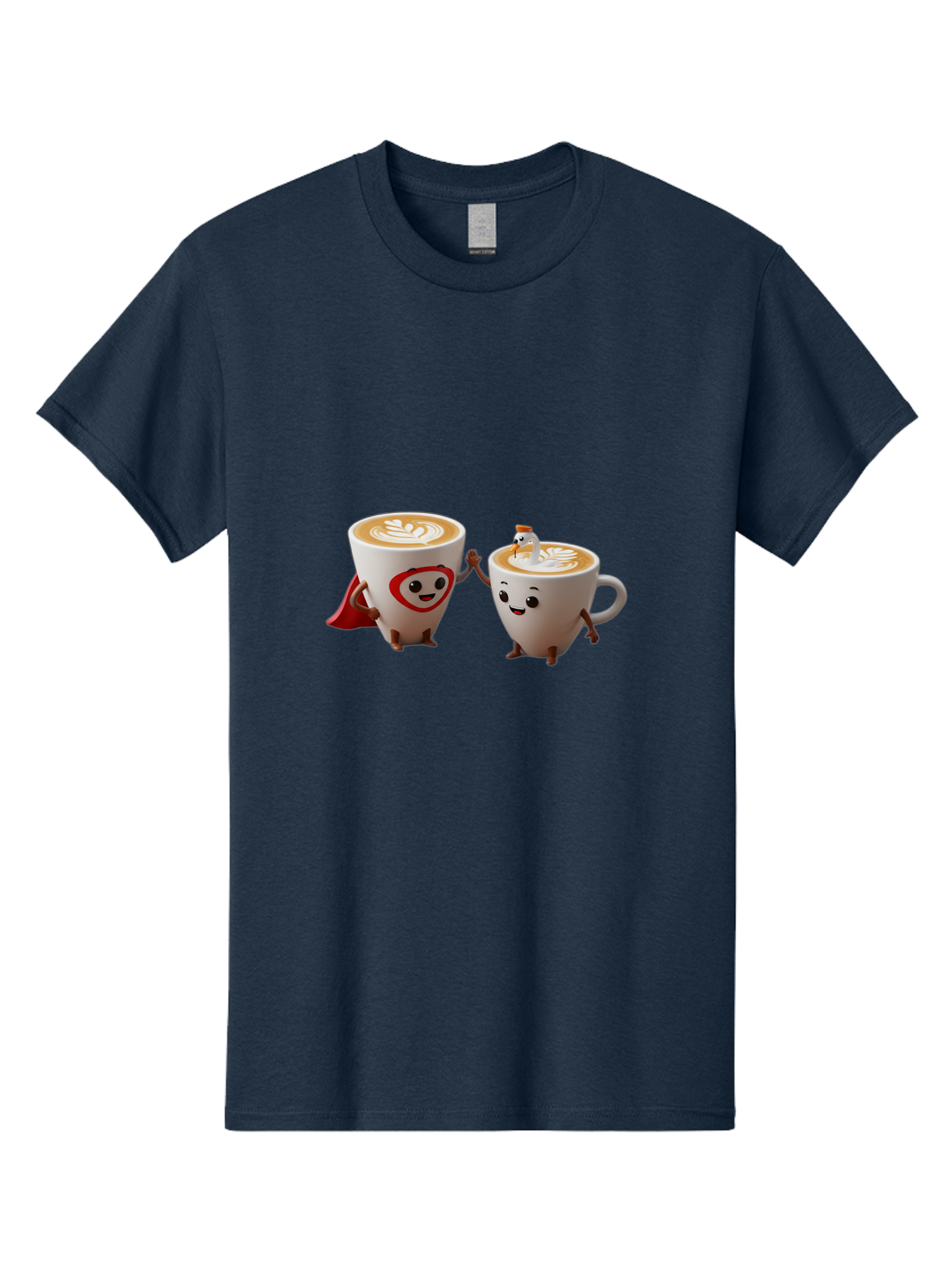 Cappuccino-Friends Men'S Graphic Tee, 100% Cotton, Comfortable Casual Summer Wear, Machine Washable, Cartoon Coffee Cups, Anthropomorphic Coffee, Latte Art, Coffee Lovers, Friendly Cups, Holding Hands, Cute Characters, Cartoon Illustrations, Bab711