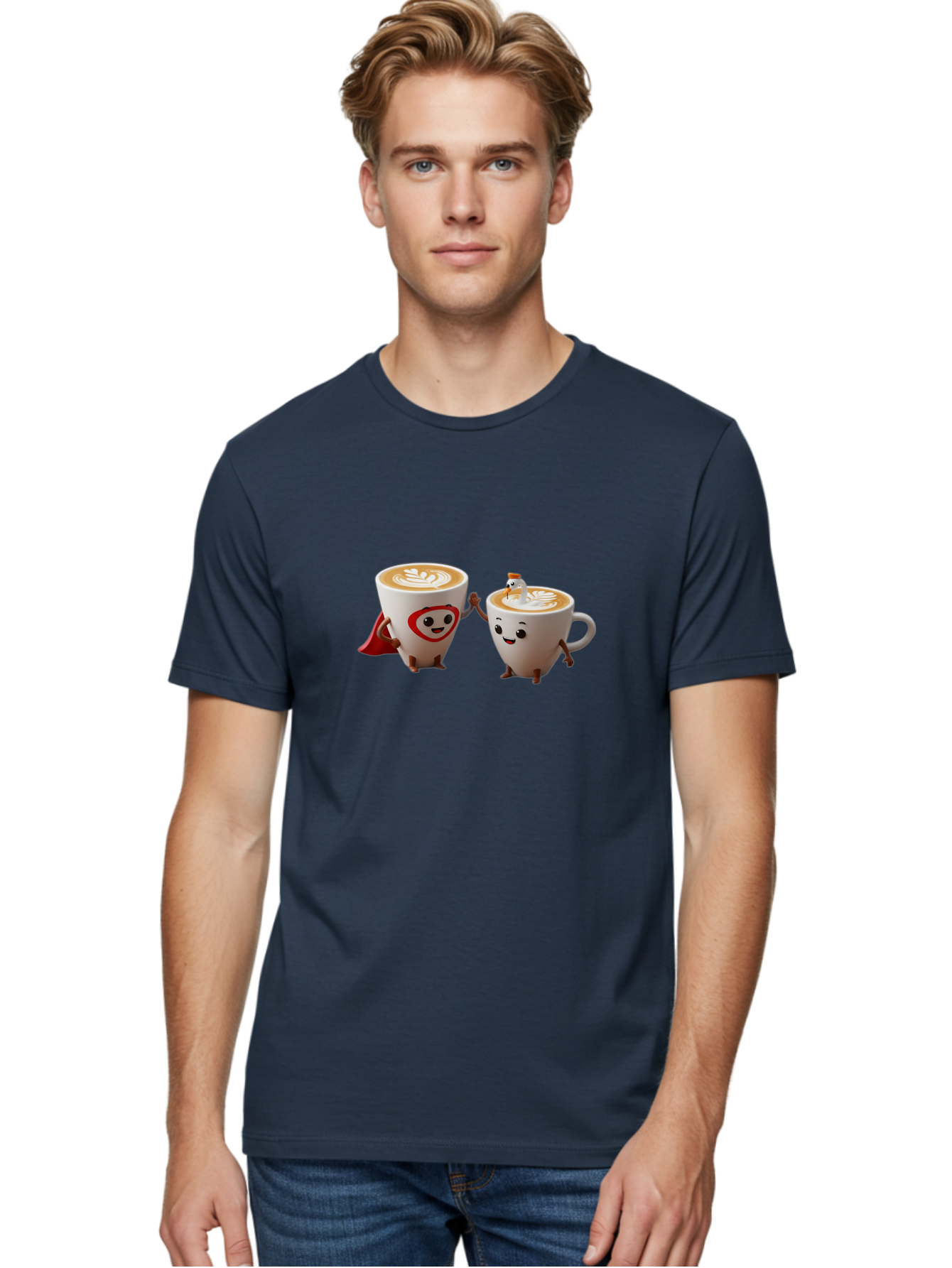Cappuccino-Friends Men'S Graphic Tee, 100% Cotton, Comfortable Casual Summer Wear, Machine Washable, Cartoon Coffee Cups, Anthropomorphic Coffee, Latte Art, Coffee Lovers, Friendly Cups, Holding Hands, Cute Characters, Cartoon Illustrations, Bab711