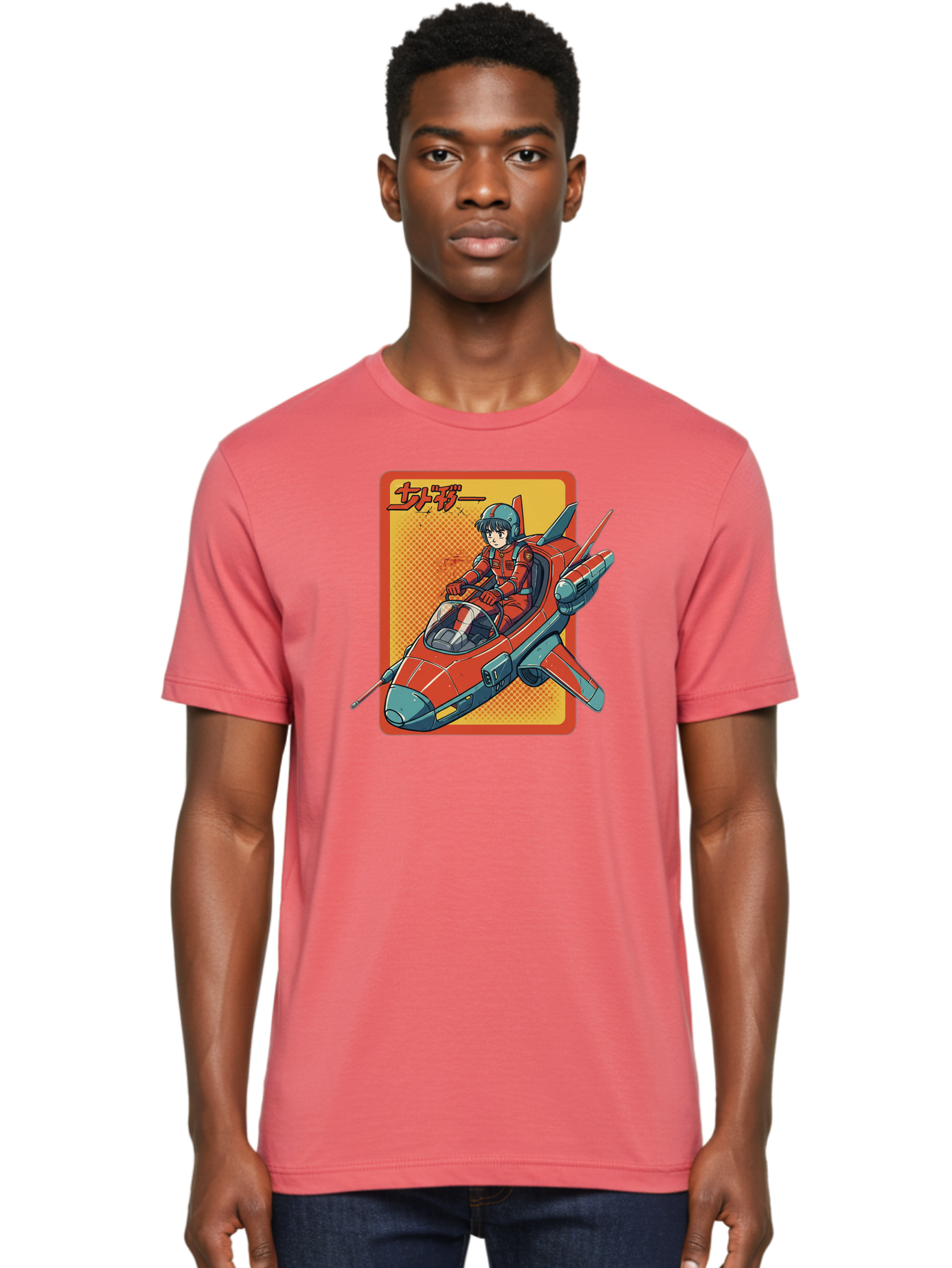Captain-Tsubasa Men'S Graphic Tee, 100% Cotton, Comfortable Casual Summer Wear, Machine Washable, Anime Style Fighter Jet, Red Jet Aircraft, Japanese Text, Futuristic Pilot, Aviation Art, Cyberpunk, Manga Inspired Bab714