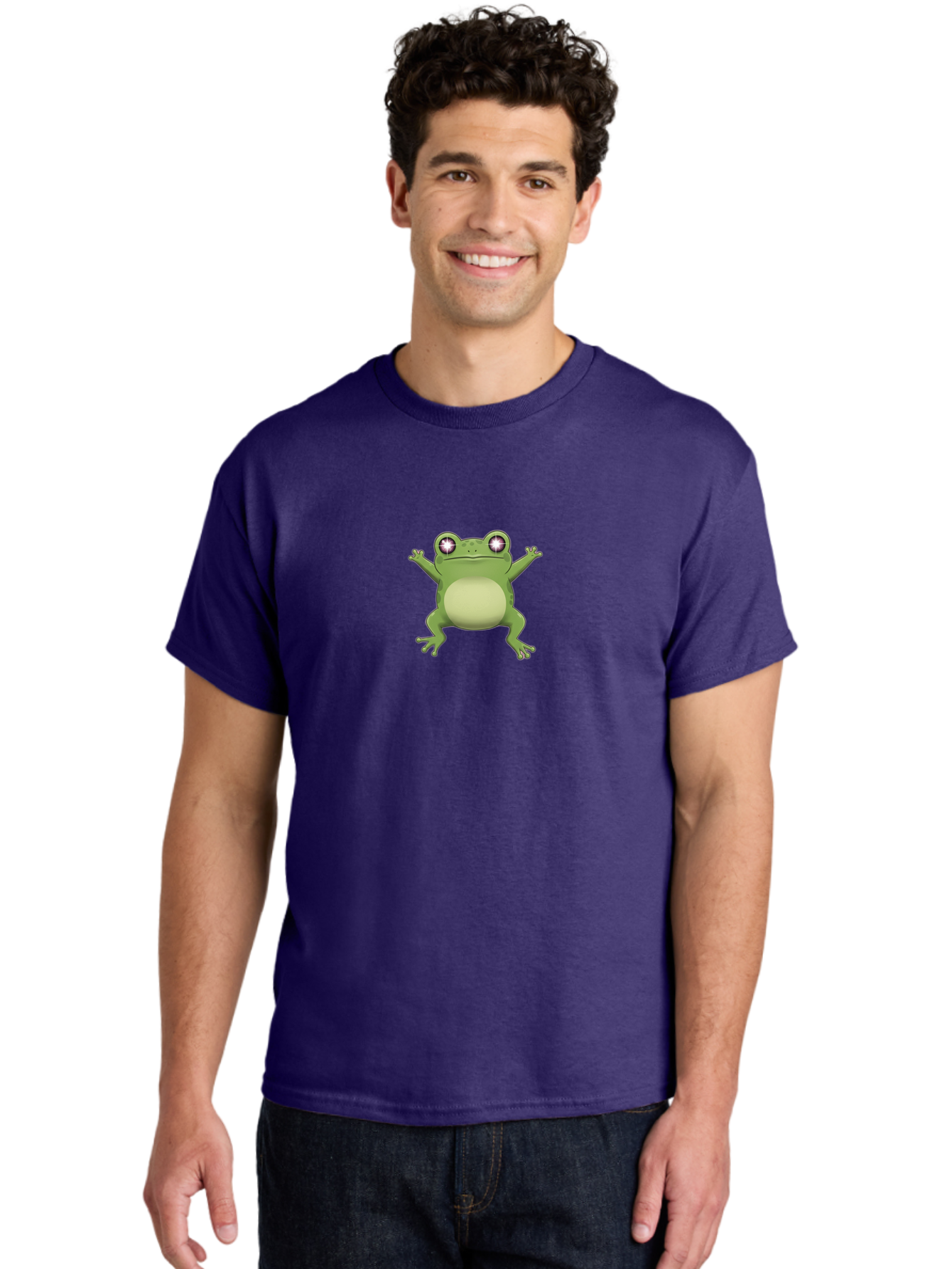 Cartoon-Frog-1 Men'S Graphic Tee, 100% Cotton, Comfortable Casual Summer Wear, Machine Washable, Cartoon Frog, Green Frog, Frog Character, Frog Illustration, Shiny Eyes, Frog Pose, Cute Amphibian, Frog Art, Whimsical Design, Funny Frog, Bab716