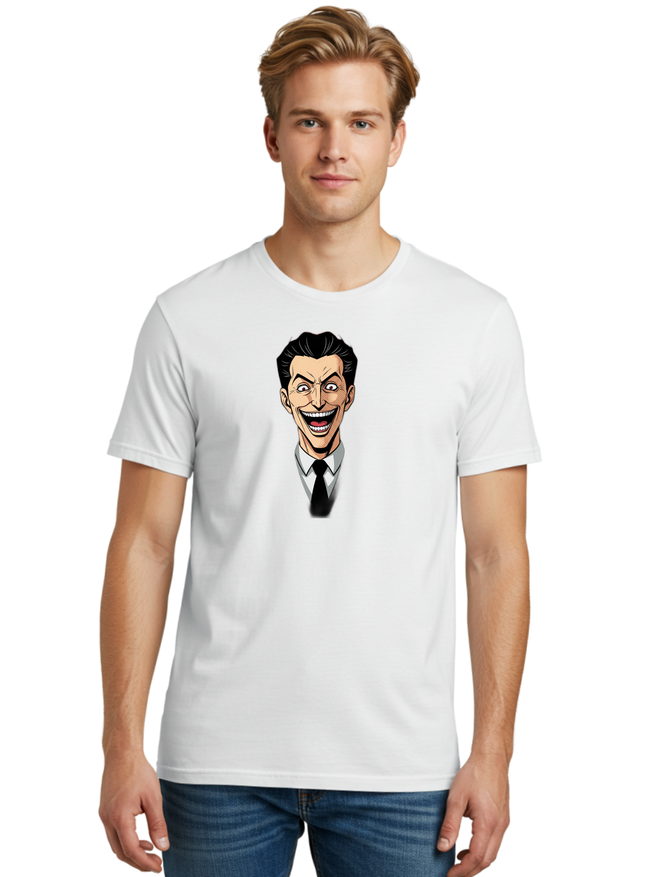 Cartoon-Man Men'S Graphic Tee, 100% Cotton, Comfortable Casual Summer Wear, Machine Washable, Cartoon Man With Wide-Eyed Smile, Comic Style, Pop Art, Black Hair Pompadour, White Shirt And Black Tie, Exaggerated Facial Expression, Bab718