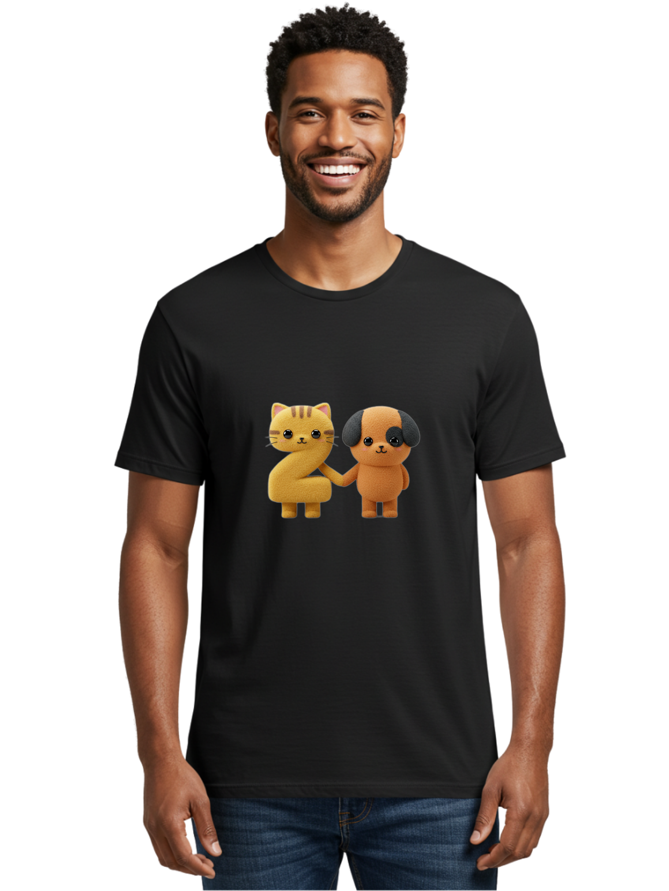 Cat-And-Dog Men'S Graphic Tee, 100% Cotton, Comfortable Casual Summer Wear, Machine Washable, Cartoon Cat, Dog, Holding Hands, Friendship, Cute Animals, Adorable Characters, Kawaii, Cartoon Style, Animal Friends, Funny Pets Bab721