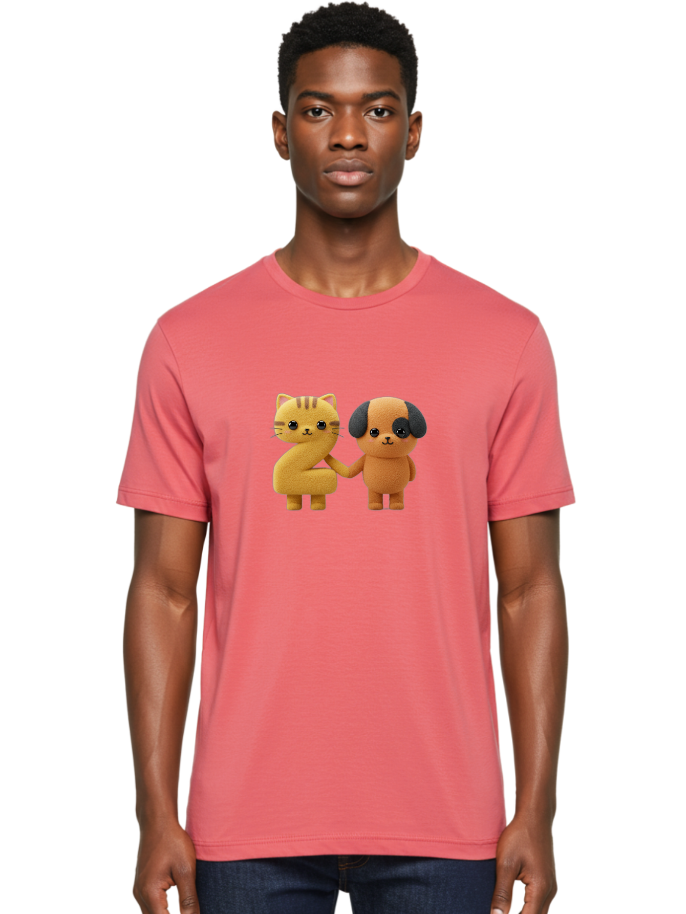 Cat-And-Dog Men'S Graphic Tee, 100% Cotton, Comfortable Casual Summer Wear, Machine Washable, Cartoon Cat, Dog, Holding Hands, Friendship, Cute Animals, Adorable Characters, Kawaii, Cartoon Style, Animal Friends, Funny Pets Bab721