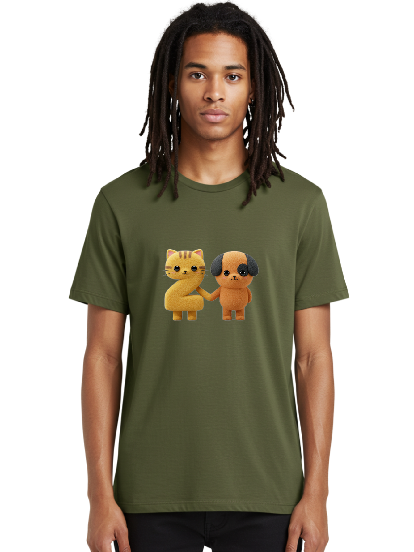 Cat-And-Dog Men'S Graphic Tee, 100% Cotton, Comfortable Casual Summer Wear, Machine Washable, Cartoon Cat, Dog, Holding Hands, Friendship, Cute Animals, Adorable Characters, Kawaii, Cartoon Style, Animal Friends, Funny Pets Bab721