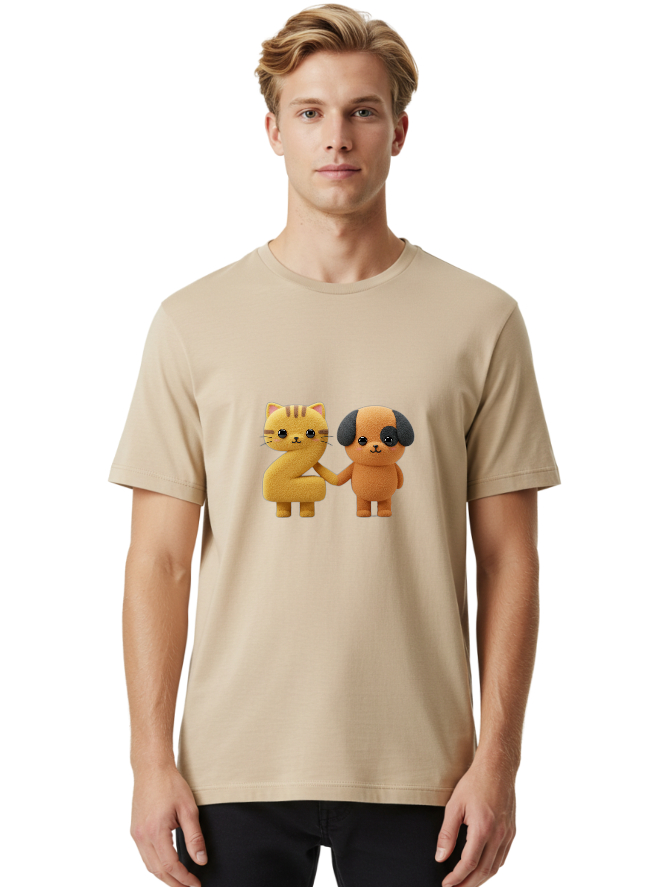 Cat-And-Dog Men'S Graphic Tee, 100% Cotton, Comfortable Casual Summer Wear, Machine Washable, Cartoon Cat, Dog, Holding Hands, Friendship, Cute Animals, Adorable Characters, Kawaii, Cartoon Style, Animal Friends, Funny Pets Bab721