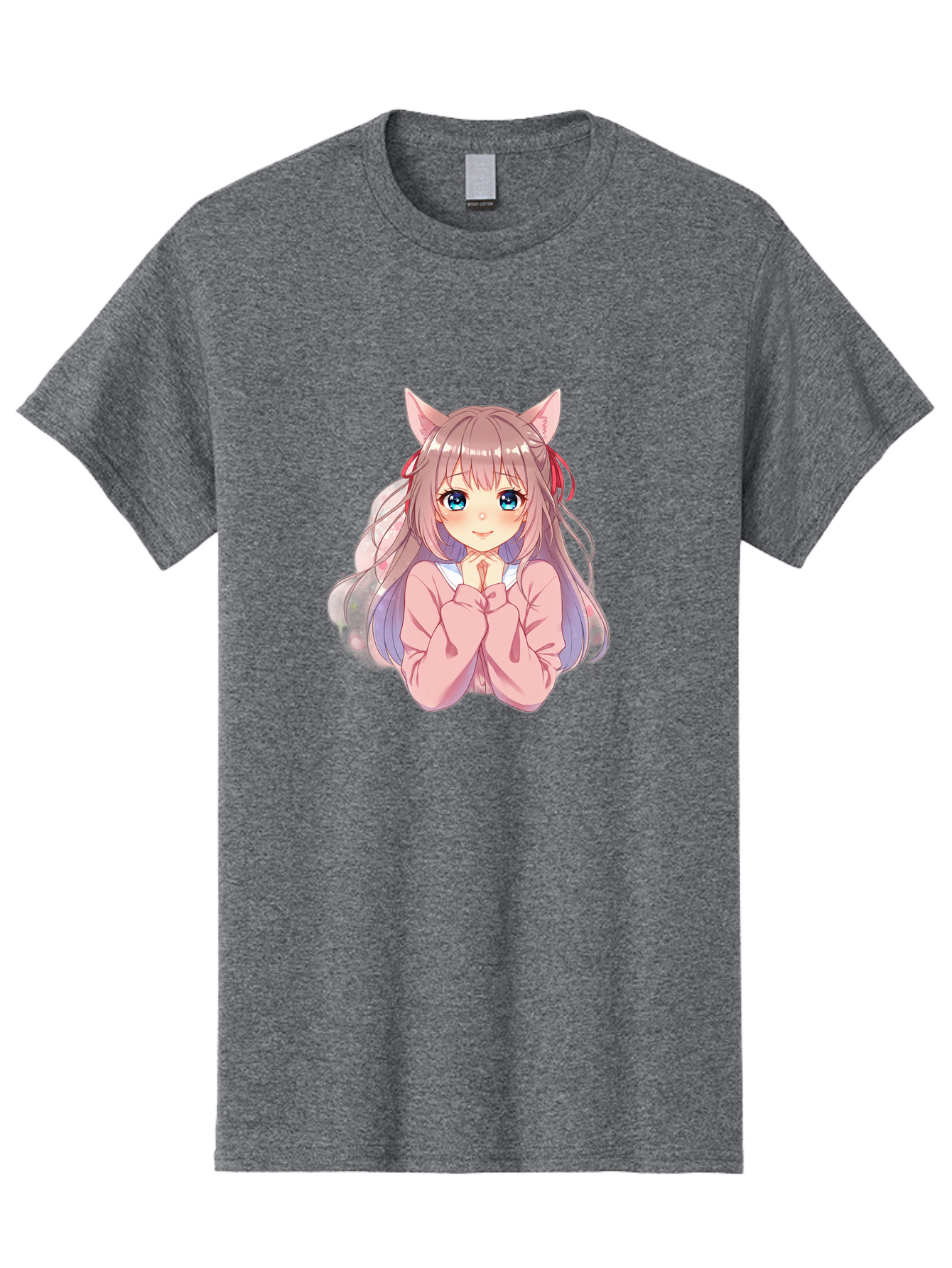 Cat-Girl-Anime-Character Men'S Graphic Tee, 100% Cotton, Comfortable Casual Summer Wear, Machine Washable, Anime Girl, Cat Ears, Pink Sweater, Blue Eyes, Long Hair, Cute Expression, Kawaii Art, Pastel Colors, Cartoon Character, Japanese Manga Bab722