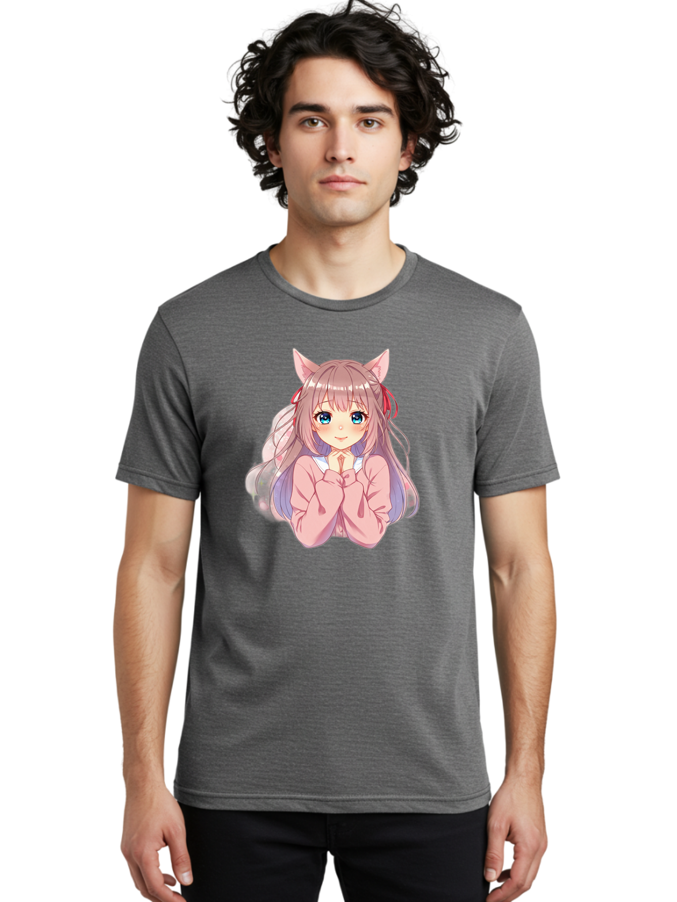 Cat-Girl-Anime-Character Men'S Graphic Tee, 100% Cotton, Comfortable Casual Summer Wear, Machine Washable, Anime Girl, Cat Ears, Pink Sweater, Blue Eyes, Long Hair, Cute Expression, Kawaii Art, Pastel Colors, Cartoon Character, Japanese Manga Bab722