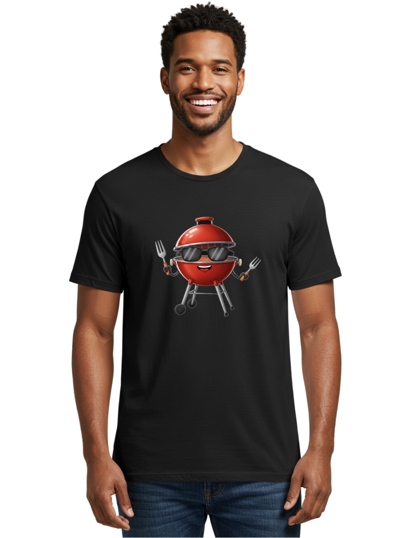 Charcoal-Grill Men'S Graphic Tee, 100% Cotton, Comfortable Casual Summer Wear, Machine Washable, Charcoal Bbq Grill, Barbecue, Grill, Sunglasses, Fork, Cartoon Character, Friendly Face, Summer Fun, Outdoor Cooking, Bbq Accessories Bab726