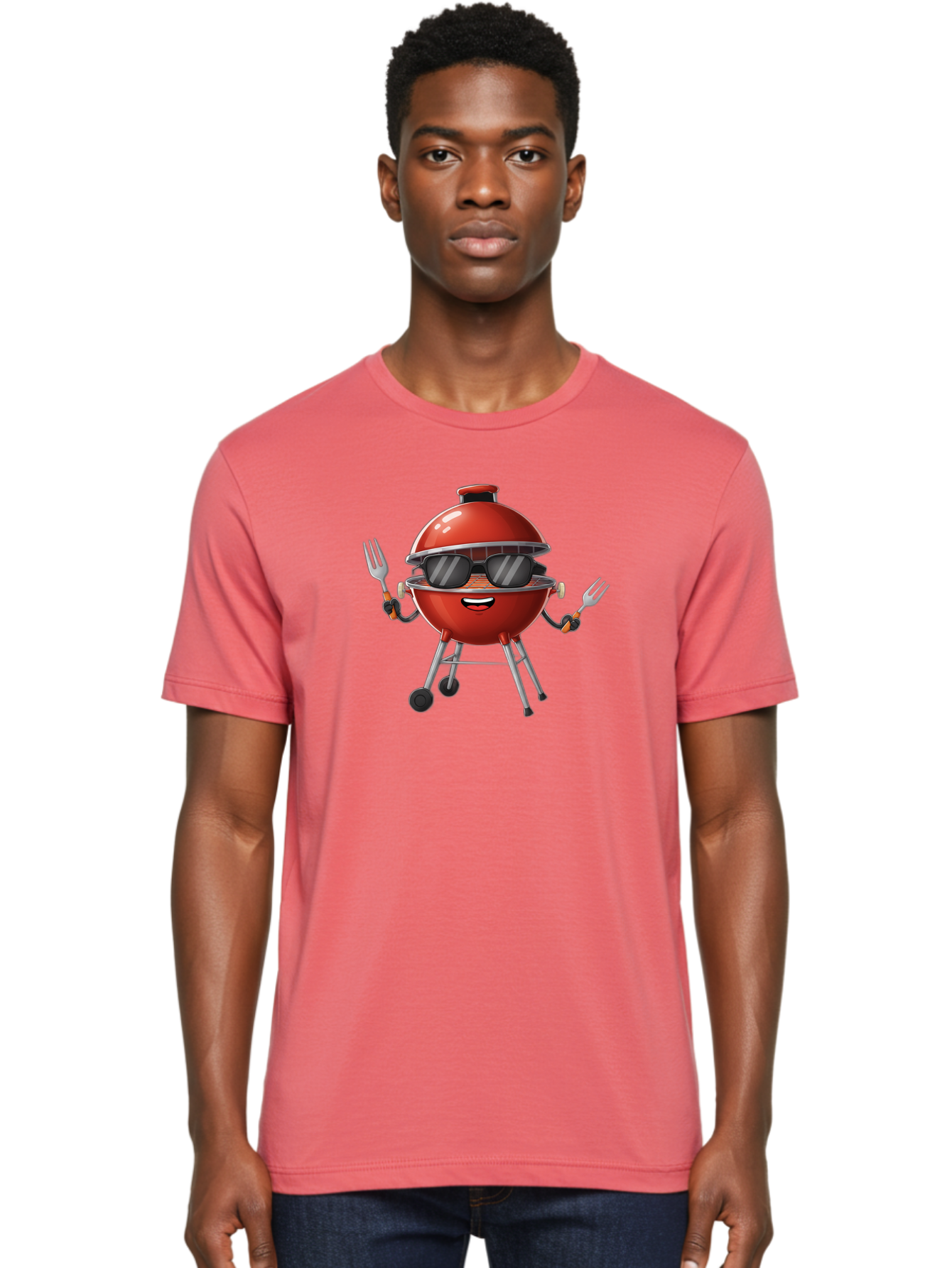 Charcoal-Grill Men'S Graphic Tee, 100% Cotton, Comfortable Casual Summer Wear, Machine Washable, Charcoal Bbq Grill, Barbecue, Grill, Sunglasses, Fork, Cartoon Character, Friendly Face, Summer Fun, Outdoor Cooking, Bbq Accessories Bab726