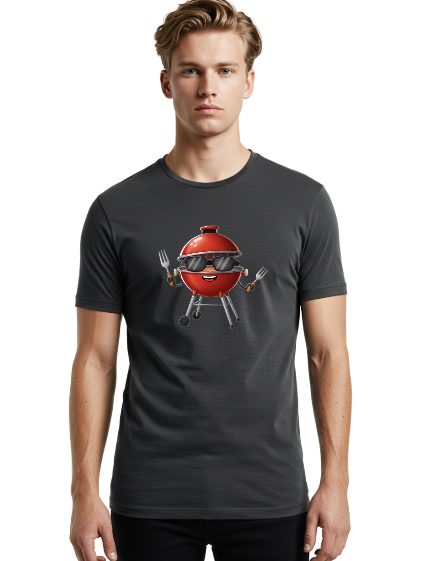 Charcoal-Grill Men'S Graphic Tee, 100% Cotton, Comfortable Casual Summer Wear, Machine Washable, Charcoal Bbq Grill, Barbecue, Grill, Sunglasses, Fork, Cartoon Character, Friendly Face, Summer Fun, Outdoor Cooking, Bbq Accessories Bab726