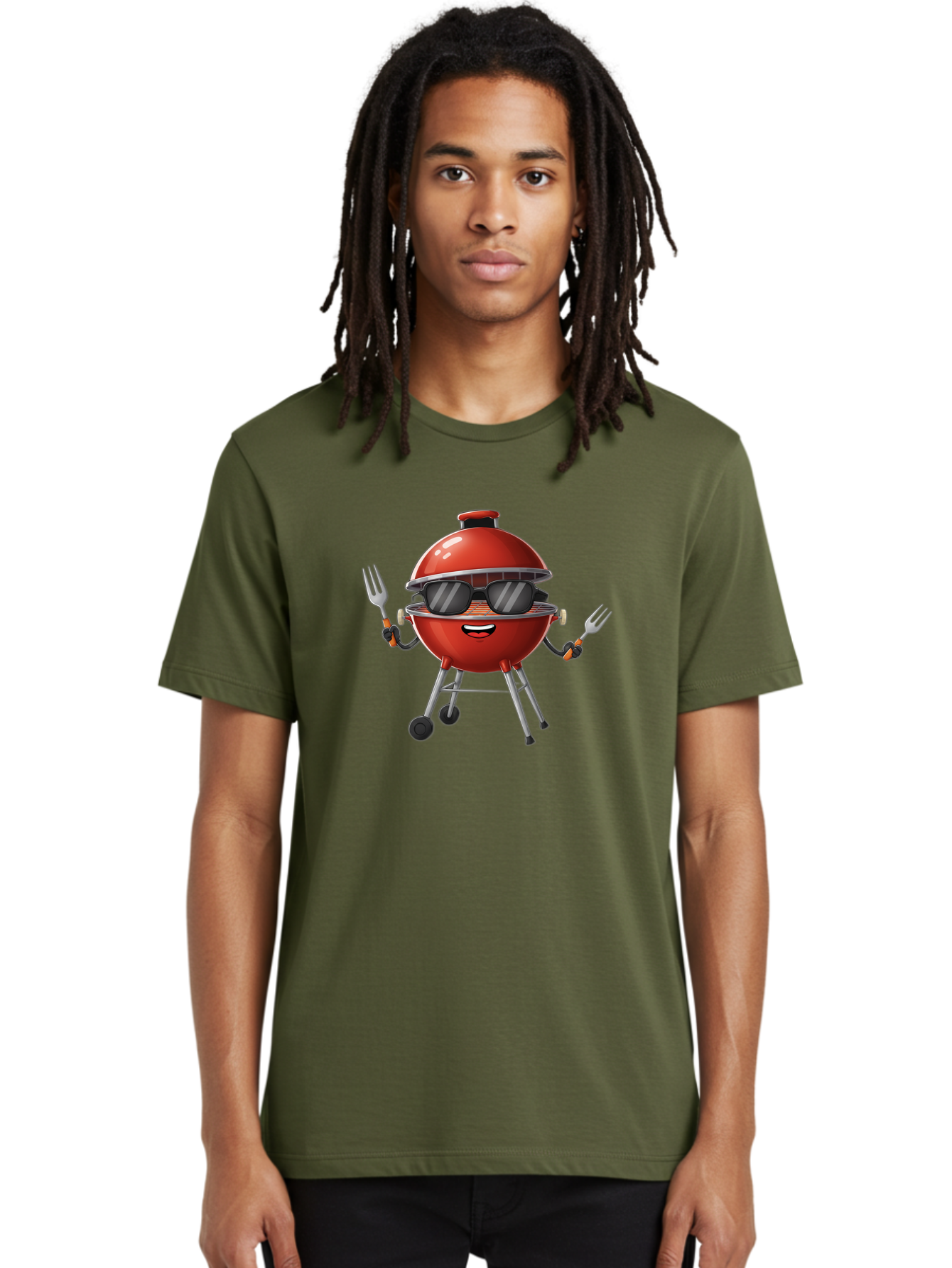 Charcoal-Grill Men'S Graphic Tee, 100% Cotton, Comfortable Casual Summer Wear, Machine Washable, Charcoal Bbq Grill, Barbecue, Grill, Sunglasses, Fork, Cartoon Character, Friendly Face, Summer Fun, Outdoor Cooking, Bbq Accessories Bab726