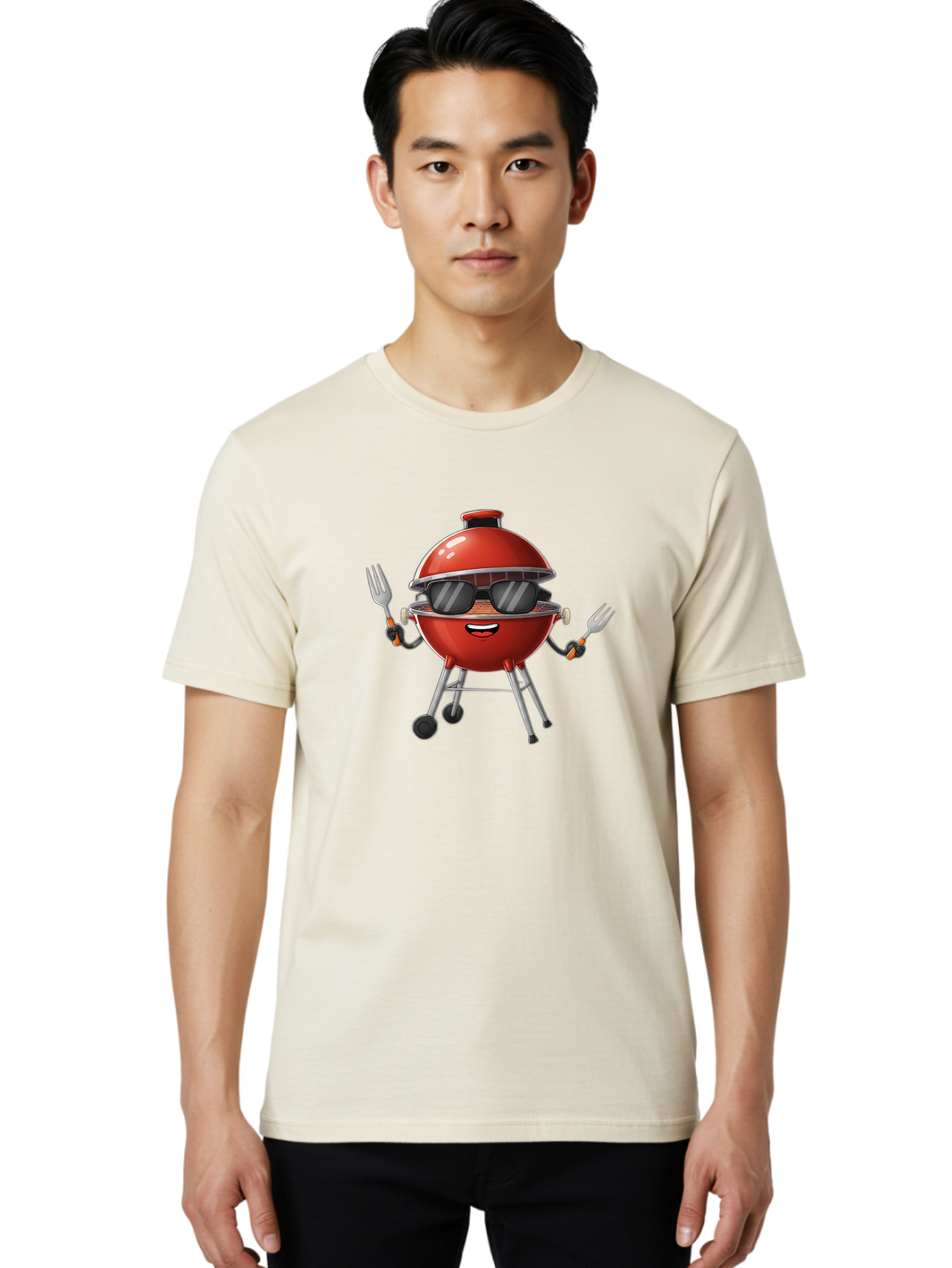 Charcoal-Grill Men'S Graphic Tee, 100% Cotton, Comfortable Casual Summer Wear, Machine Washable, Charcoal Bbq Grill, Barbecue, Grill, Sunglasses, Fork, Cartoon Character, Friendly Face, Summer Fun, Outdoor Cooking, Bbq Accessories Bab726