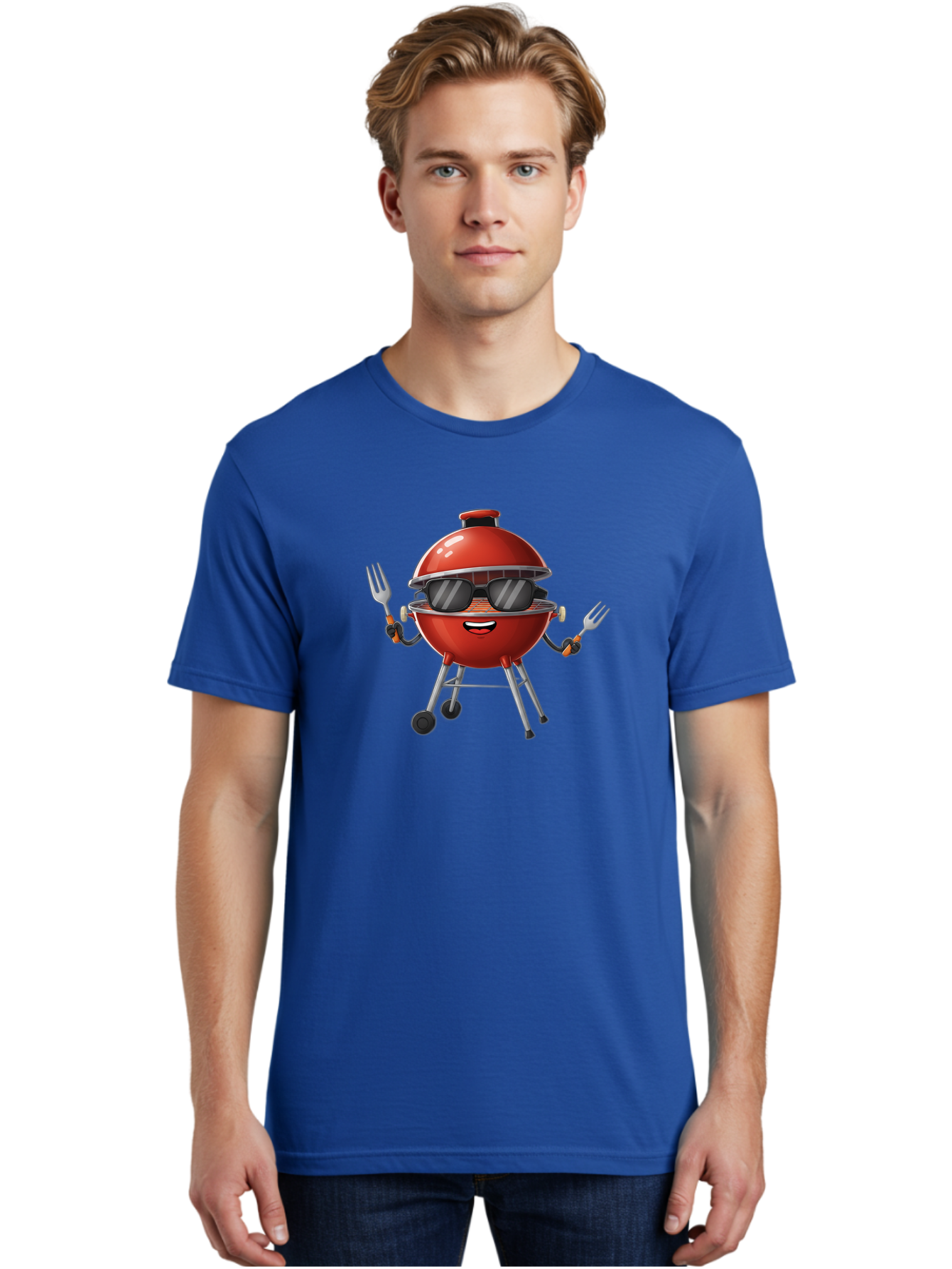 Charcoal-Grill Men'S Graphic Tee, 100% Cotton, Comfortable Casual Summer Wear, Machine Washable, Charcoal Bbq Grill, Barbecue, Grill, Sunglasses, Fork, Cartoon Character, Friendly Face, Summer Fun, Outdoor Cooking, Bbq Accessories Bab726