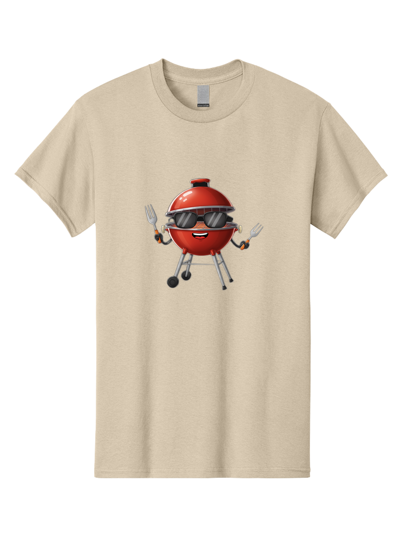 Charcoal-Grill Men'S Graphic Tee, 100% Cotton, Comfortable Casual Summer Wear, Machine Washable, Charcoal Bbq Grill, Barbecue, Grill, Sunglasses, Fork, Cartoon Character, Friendly Face, Summer Fun, Outdoor Cooking, Bbq Accessories Bab726