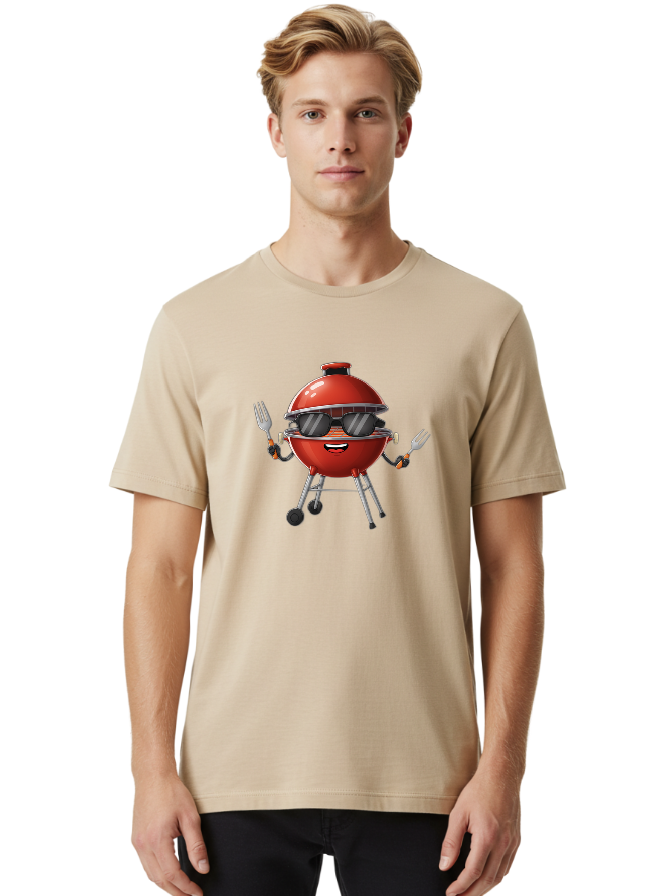 Charcoal-Grill Men'S Graphic Tee, 100% Cotton, Comfortable Casual Summer Wear, Machine Washable, Charcoal Bbq Grill, Barbecue, Grill, Sunglasses, Fork, Cartoon Character, Friendly Face, Summer Fun, Outdoor Cooking, Bbq Accessories Bab726