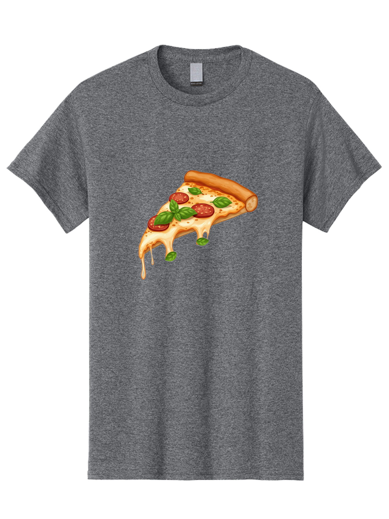 Cheesy-Pepperoni-Pizza-Slice Men'S Graphic Tee, 100% Cotton, Comfortable Casual Summer Wear, Machine Washable, Cheesy Pizza Slice, Pepperoni Pizza, Basil Leaves, Melted Cheese, Italian Food, Savory Snack, Pizza Topping, Food Illustration Bab727