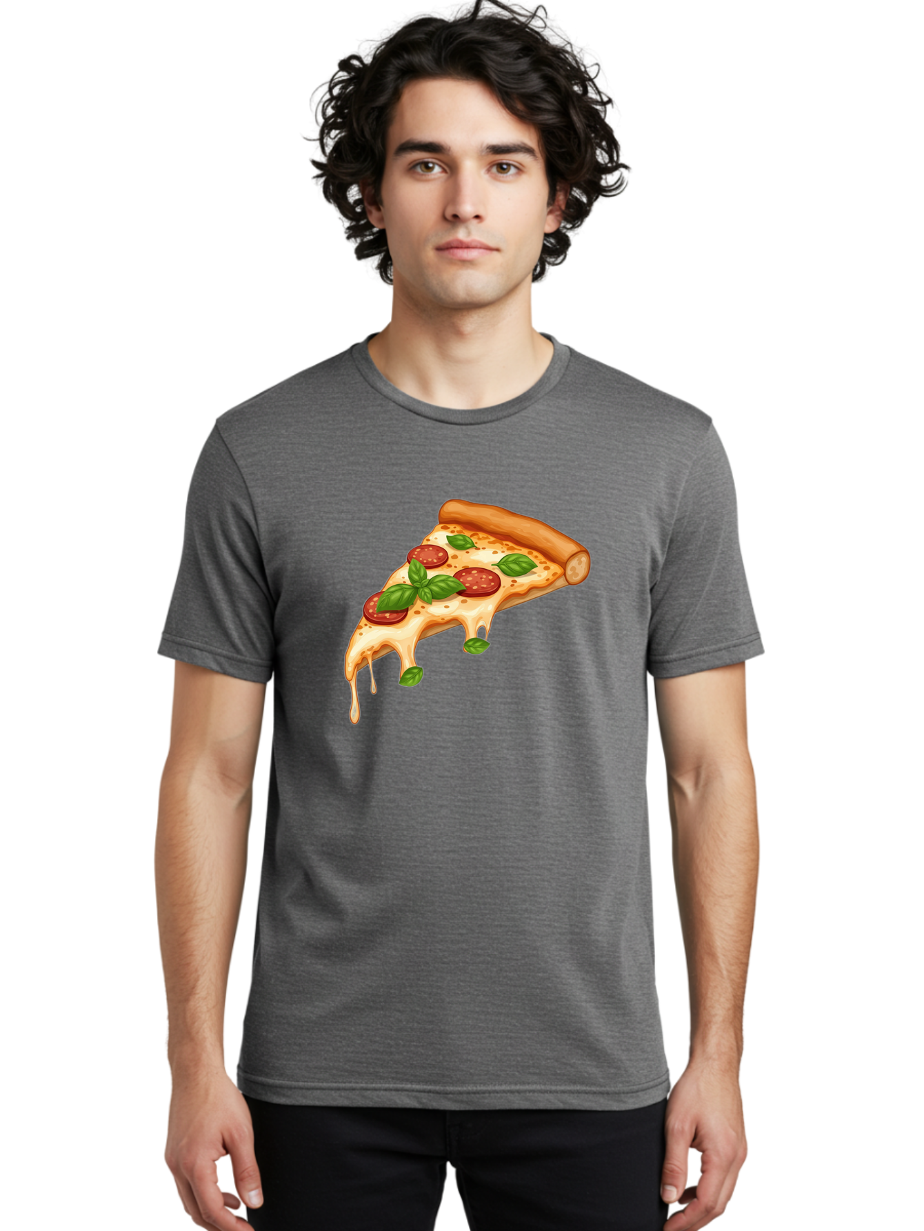 Cheesy-Pepperoni-Pizza-Slice Men'S Graphic Tee, 100% Cotton, Comfortable Casual Summer Wear, Machine Washable, Cheesy Pizza Slice, Pepperoni Pizza, Basil Leaves, Melted Cheese, Italian Food, Savory Snack, Pizza Topping, Food Illustration Bab727