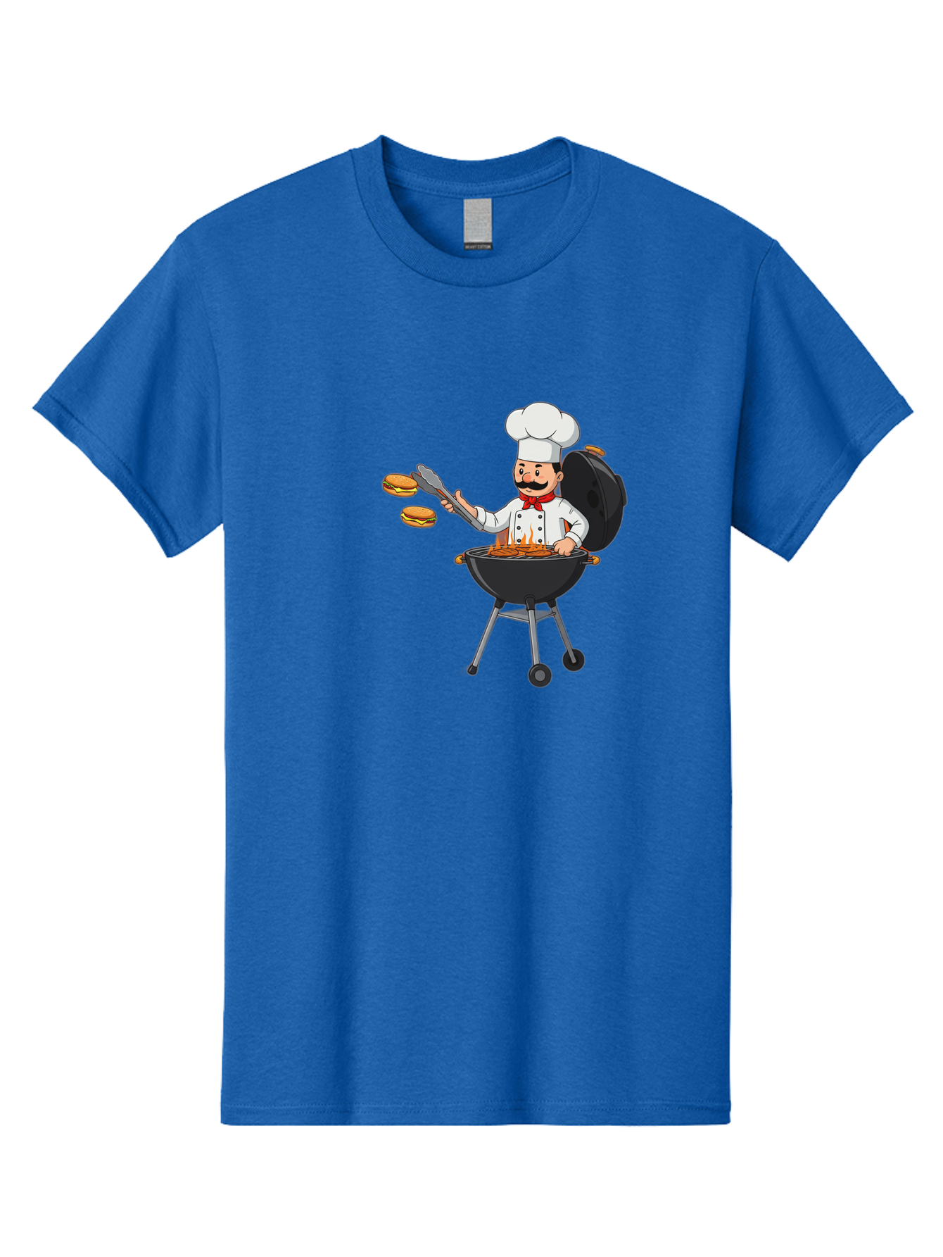 Chef-Barbecue Men'S Graphic Tee, 100% Cotton, Comfortable Casual Summer Wear, Machine Washable, Chef Cooking Burgers, Barbecue Grill, Chef Hat, Chef Uniform, Red Bow Tie, Mustache, Burgers Cooking, Grilling Meat, Barbecue Tongs, Bab728