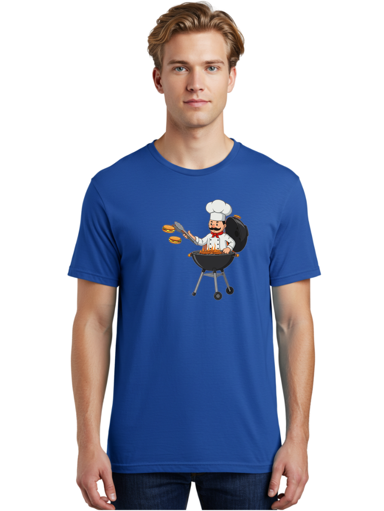 Chef-Barbecue Men'S Graphic Tee, 100% Cotton, Comfortable Casual Summer Wear, Machine Washable, Chef Cooking Burgers, Barbecue Grill, Chef Hat, Chef Uniform, Red Bow Tie, Mustache, Burgers Cooking, Grilling Meat, Barbecue Tongs, Bab728