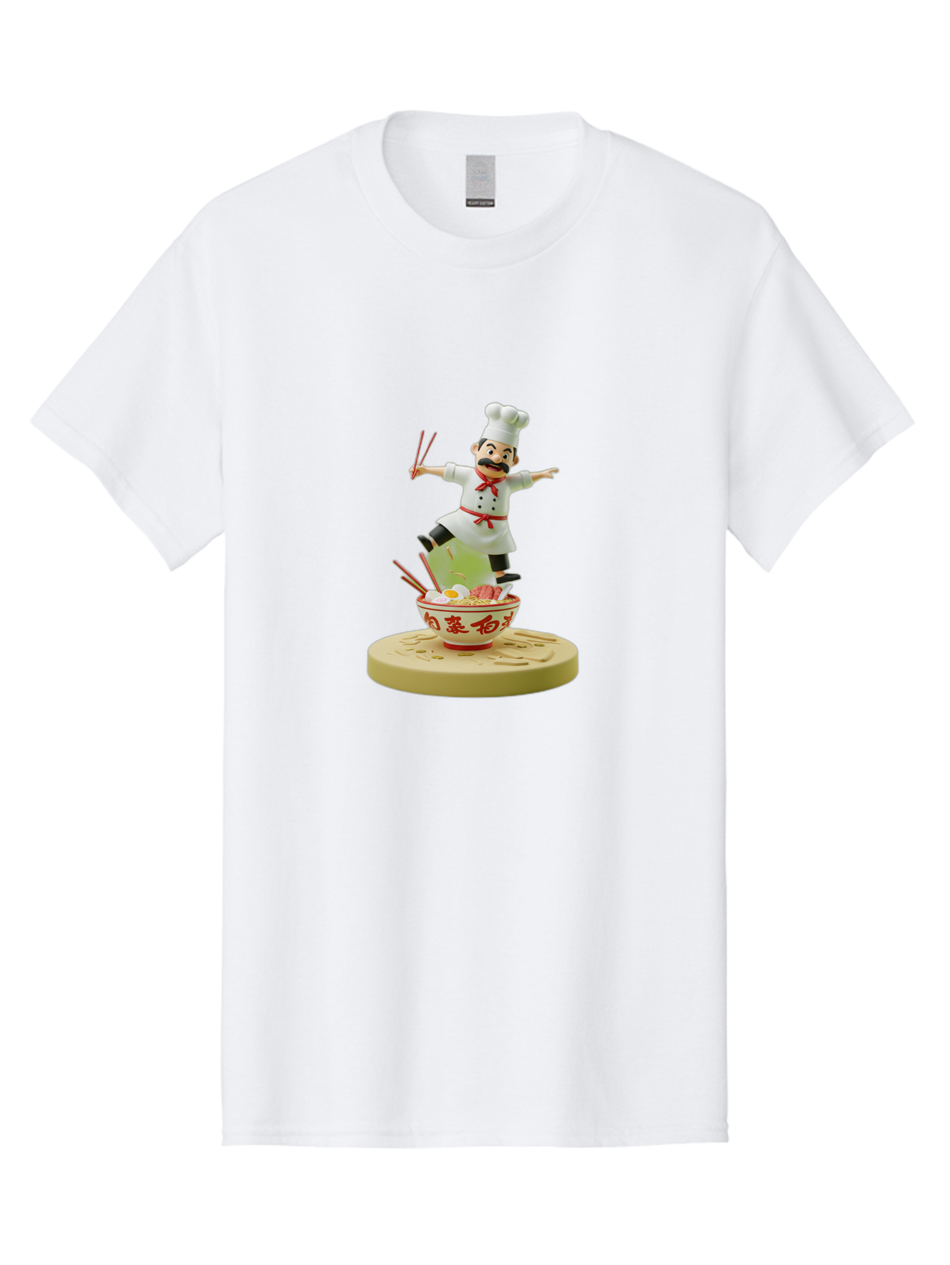 Chef-Figural Men'S Graphic Tee, 100% Cotton, Comfortable Casual Summer Wear, Machine Washable, Chef Figurine, Dancing Above Ramen Bowl, Red And White Design, Chopsticks, Asian Cuisine, Culinary Art, Figurative Sculpture, Kawaii Culture, Bab729