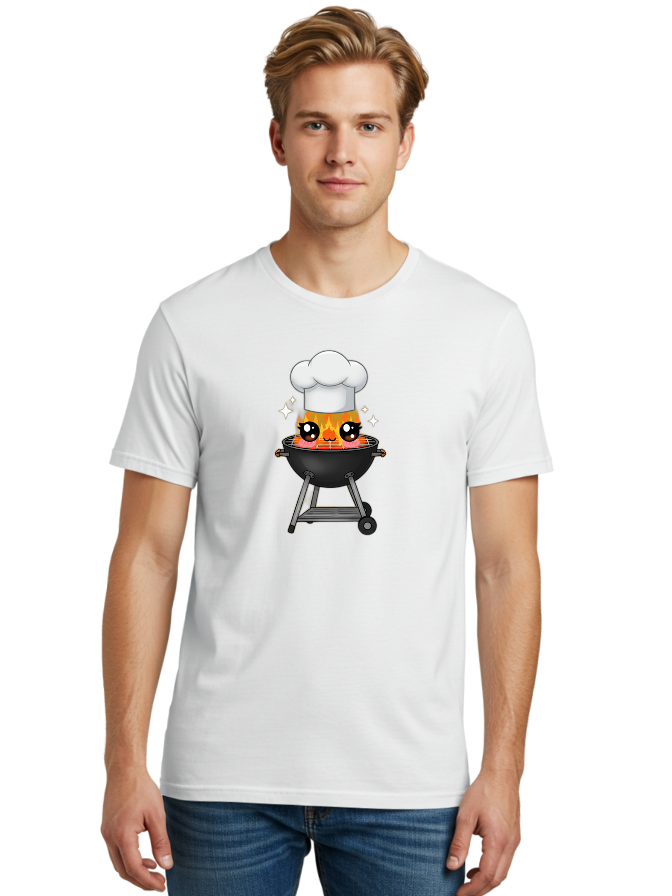 Chef-Hat-Flame-Grill Men'S Graphic Tee, 100% Cotton, Comfortable Casual Summer Wear, Machine Washable, Grill With Flames, Chef Hat, Cartoon Style, Barbecue Cooking, Sizzling Food, Playful Design, Grill Master, Outdoor Cooking, Bab730