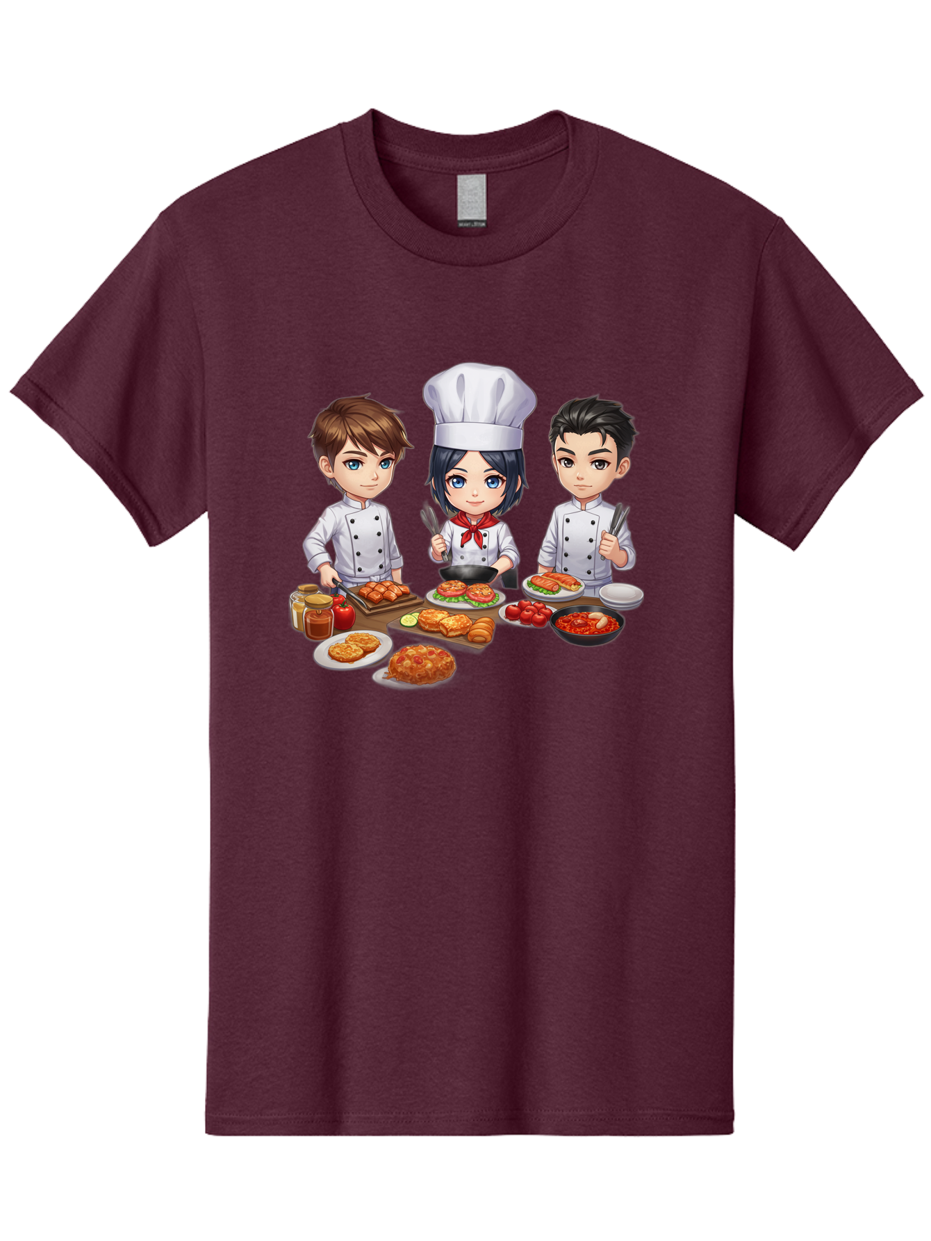 Chef-Team Men'S Graphic Tee, 100% Cotton, Comfortable Casual Summer Wear, Machine Washable, Cartoon Chefs, Cooking Together, Kitchen Teamwork, Culinary Delights, Food Preparation, Chef Hats, Kitchen Utensils, Delicious Dishes, Savory Meals, Bab731