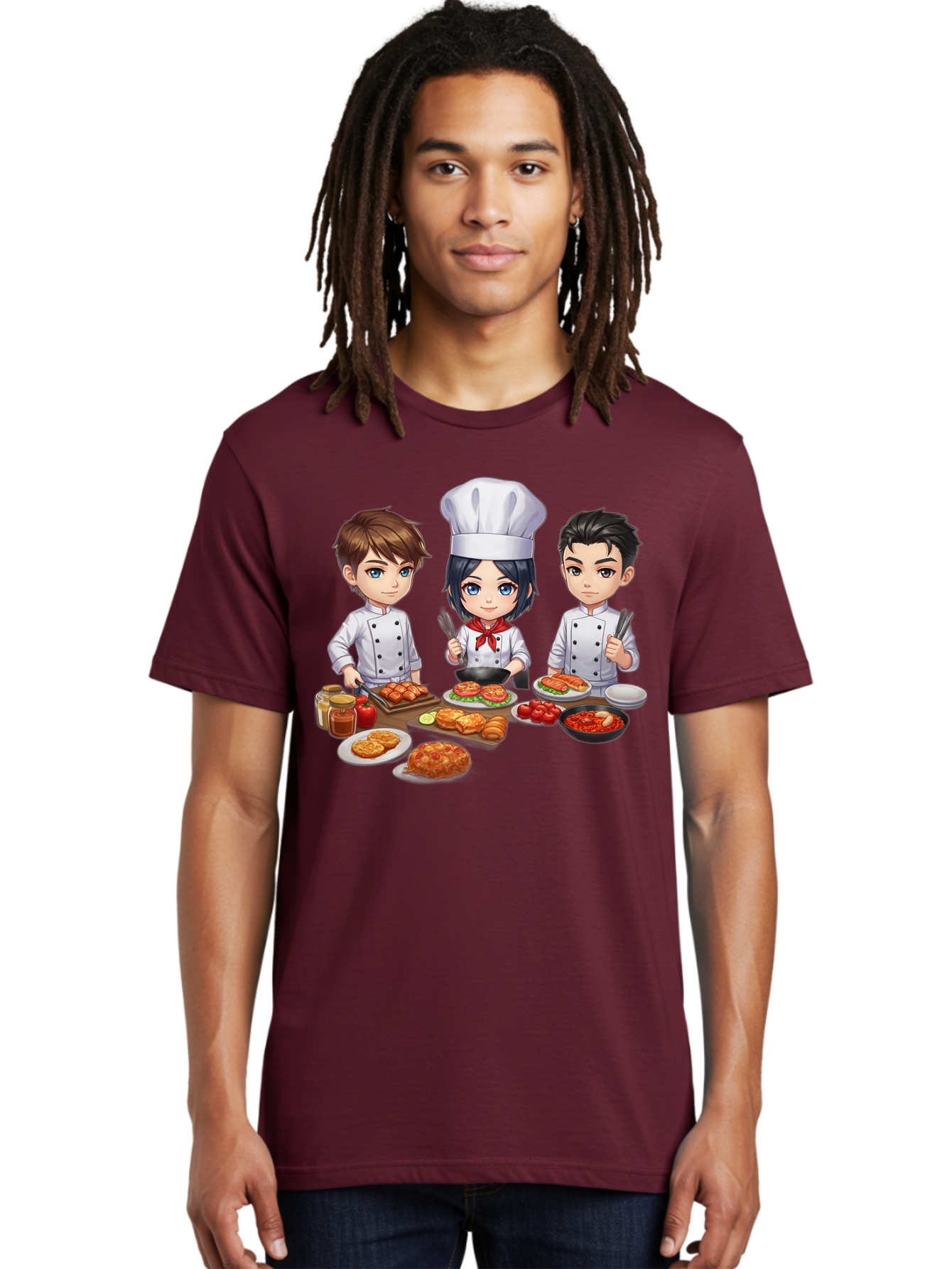 Chef-Team Men'S Graphic Tee, 100% Cotton, Comfortable Casual Summer Wear, Machine Washable, Cartoon Chefs, Cooking Together, Kitchen Teamwork, Culinary Delights, Food Preparation, Chef Hats, Kitchen Utensils, Delicious Dishes, Savory Meals, Bab731