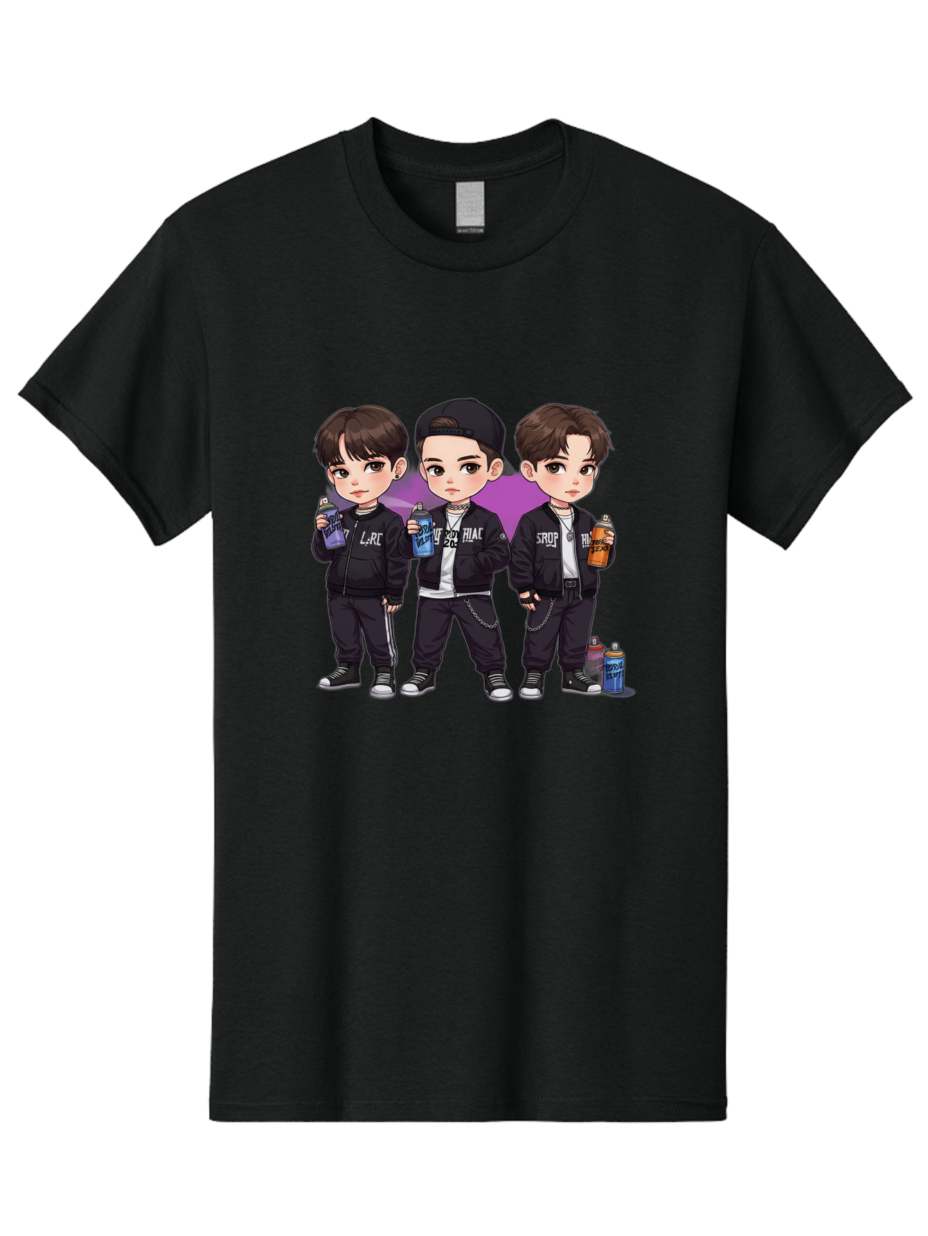 Chibi-Boys Men'S Graphic Tee, 100% Cotton, Comfortable Casual Summer Wear, Machine Washable, Three Boys In Black Jackets, Streetwear Fashion, Casual Style, Young Males, Holding Cans, Urban Look, Lrc, Hiac, Srof, Graffiti Style, Kawaii Art, Bab733