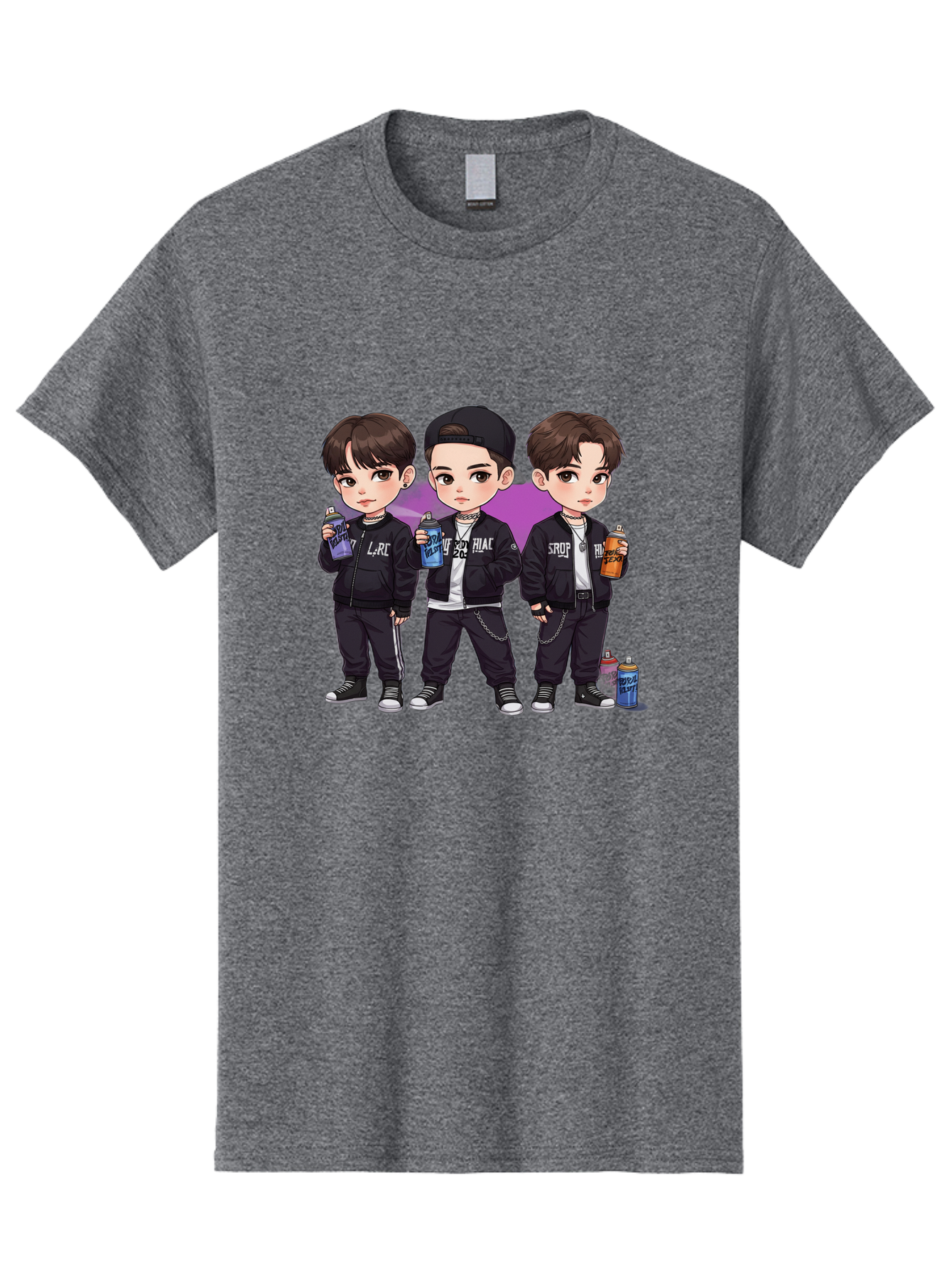 Chibi-Boys Men'S Graphic Tee, 100% Cotton, Comfortable Casual Summer Wear, Machine Washable, Three Boys In Black Jackets, Streetwear Fashion, Casual Style, Young Males, Holding Cans, Urban Look, Lrc, Hiac, Srof, Graffiti Style, Kawaii Art, Bab733